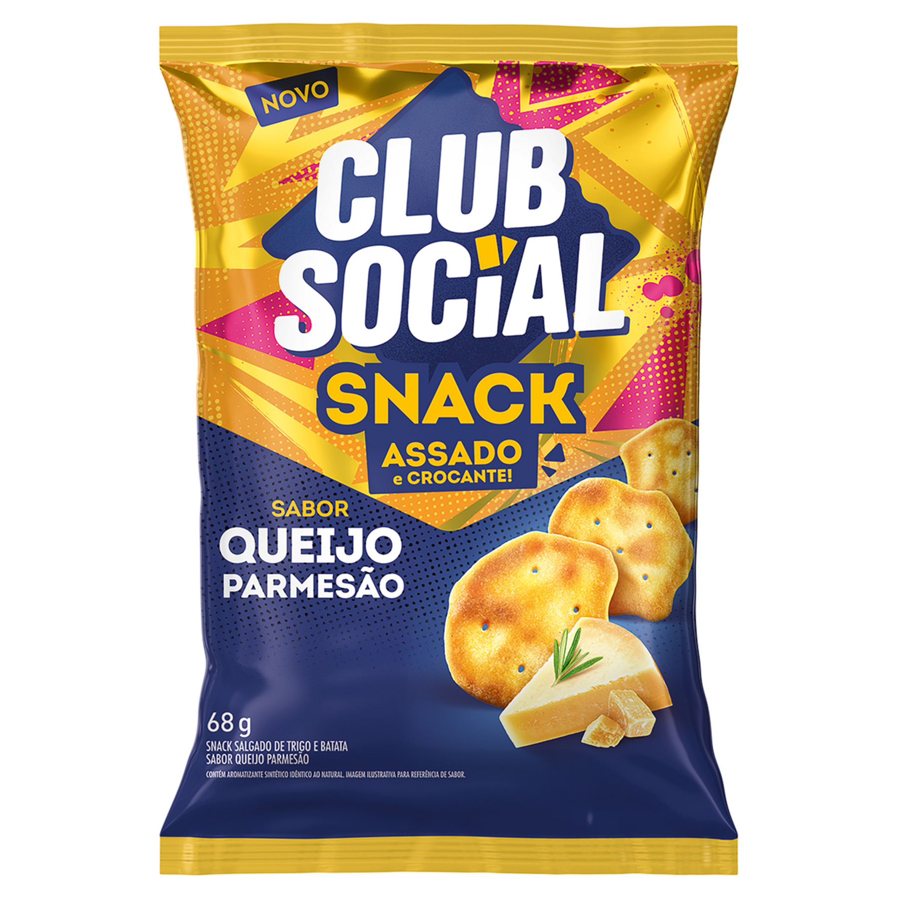 Snack de Trigo e Batata Assado Crocante Queijo Parmes&atilde;o Club Social Pacote 68g