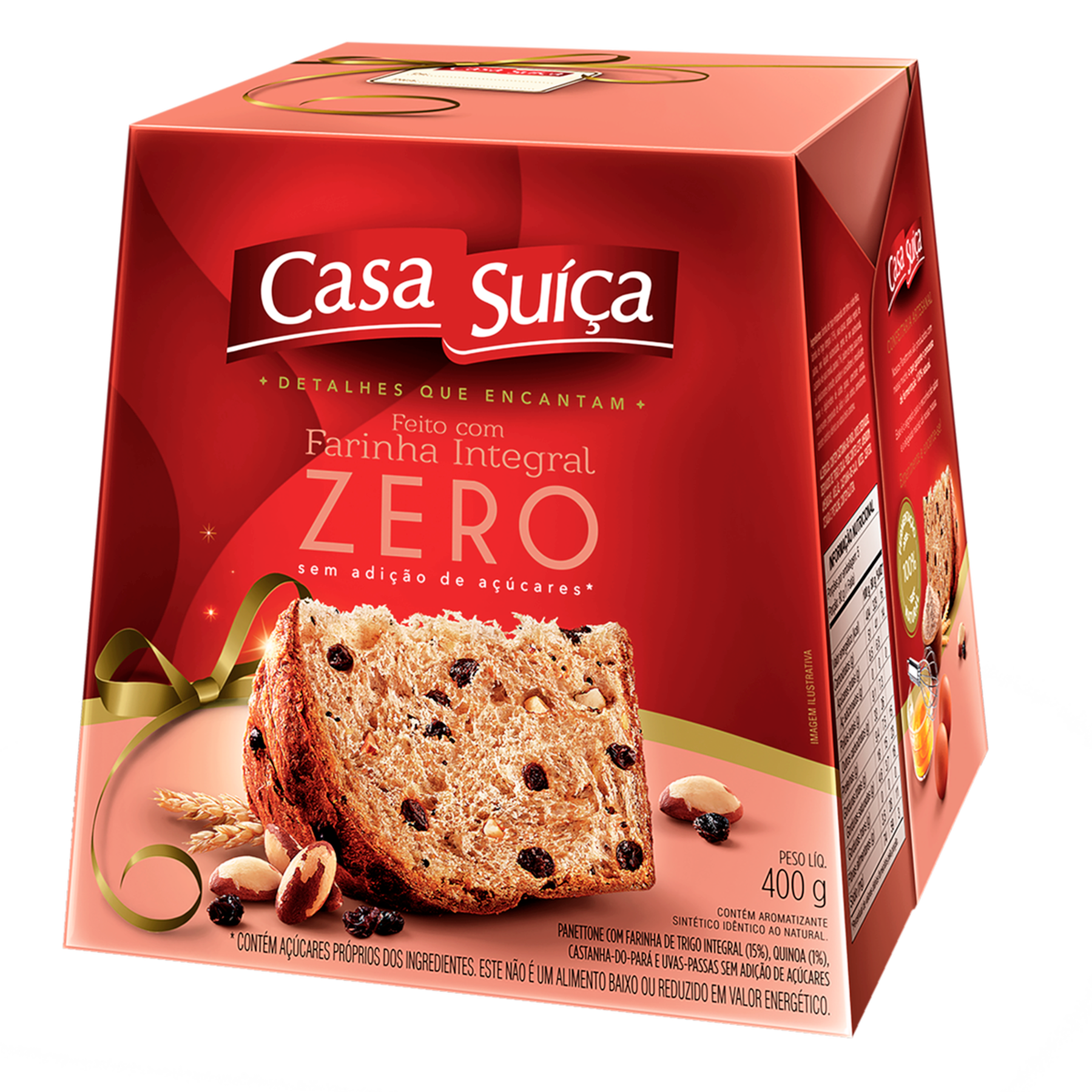 Panettone Integral com Quinoa, Castanha do Pará e Uvas Passas Zero Açúcar Casa Suíça Caixa 400g