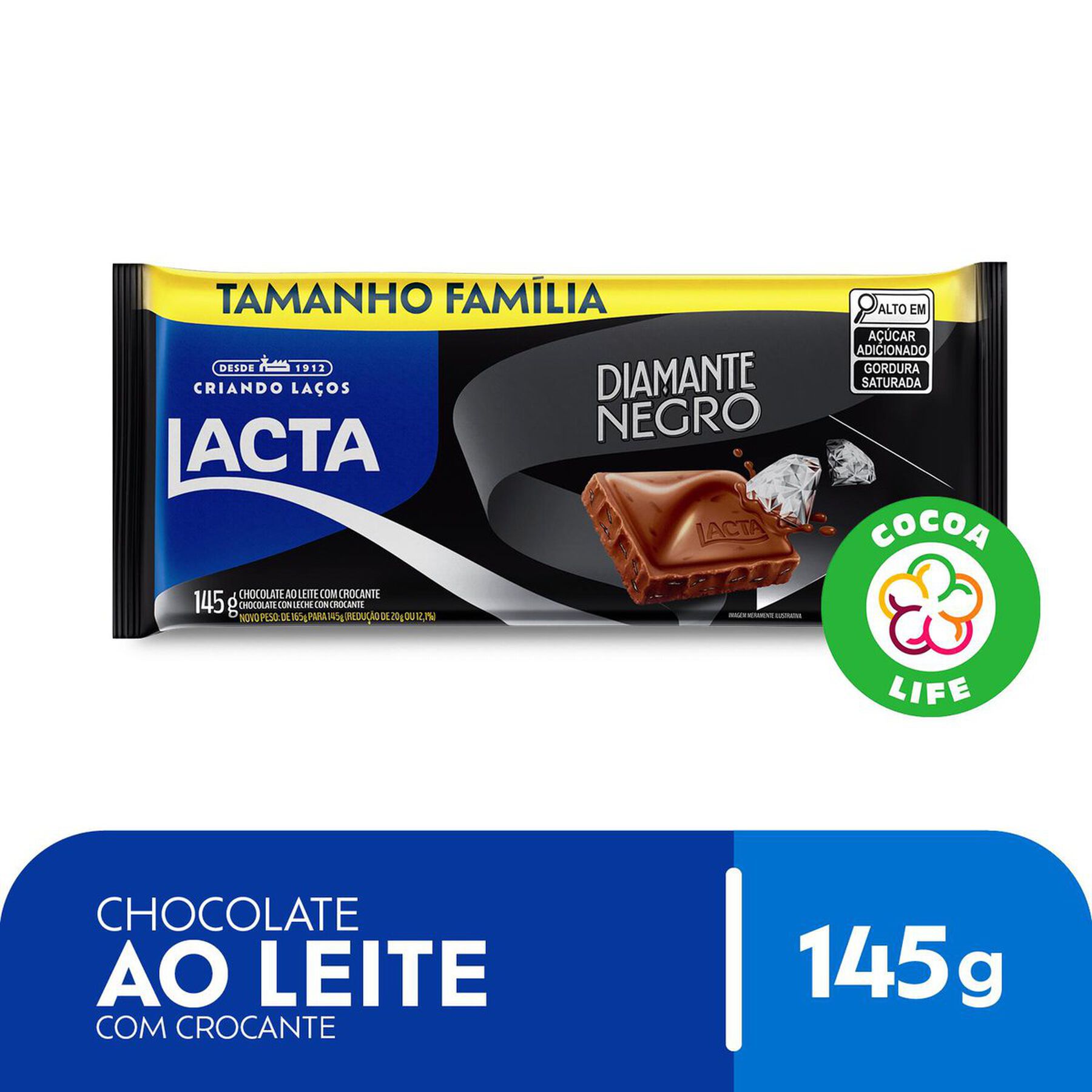 Barra de Chocolate ao Leite Crocante Diamante Negro Lacta Pacote 145g - Embalagem Tamanho Família
