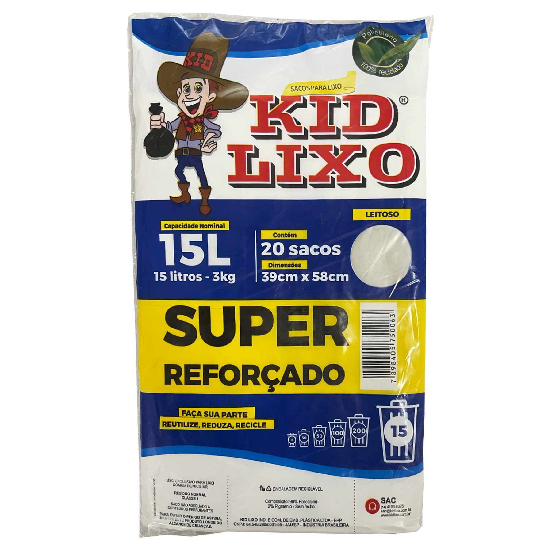 Saco Lixo Branco Kid Lixo 15l Pacote 20 Unidades