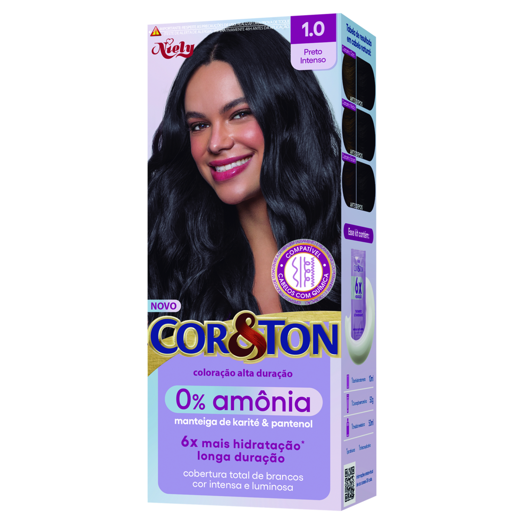 Kit Colora&ccedil;&atilde;o Creme 1.0 Preto Intenso 0% Am&ocirc;nia Niely Cor&Ton