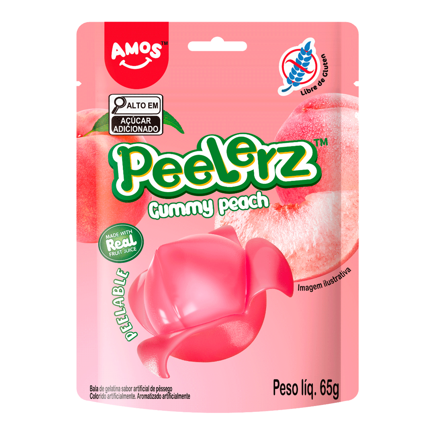 Bala de Gelatina P&ecirc;ssego Peelerz Gummy Peach Amos Pacote 65g