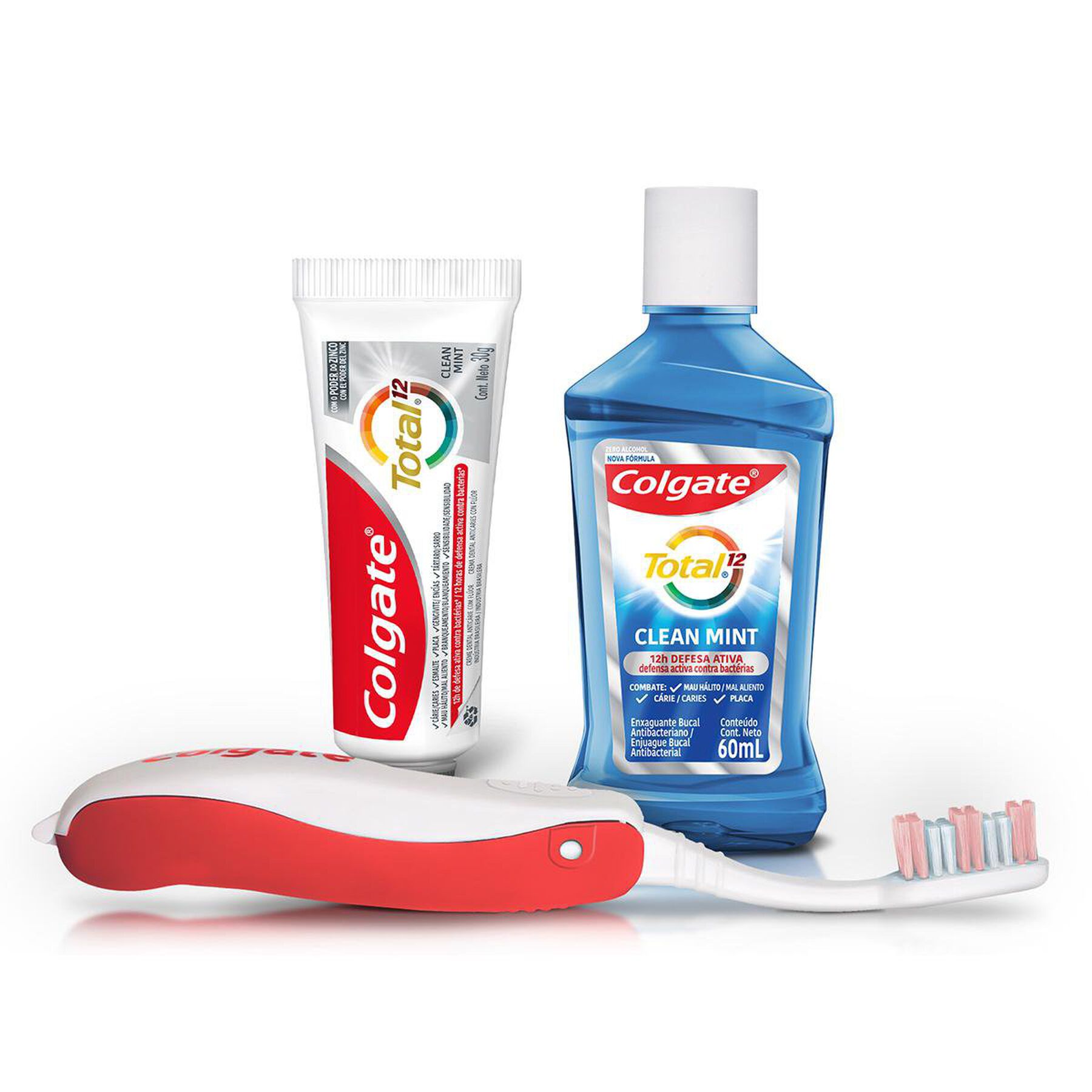 Kit Viagem Creme Dental Anticárie Clean Mint 30g + Enxaguante Bucal Antibacteriano Clean Mint 60ml + Escova Dental Macia + Estojo Colgate Total 12
