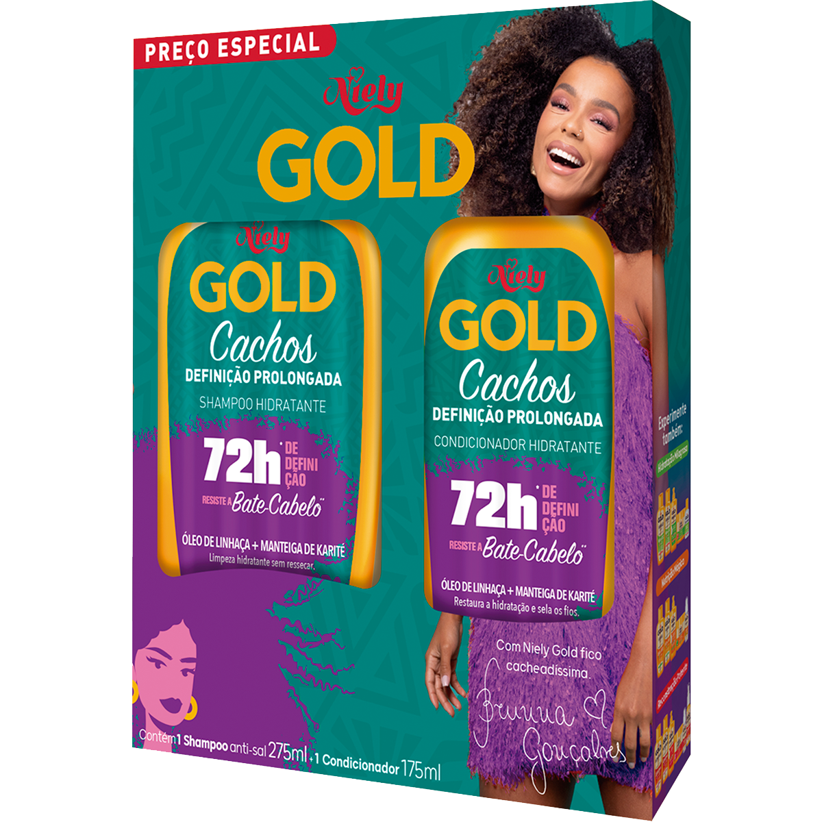 Shampoo 275ml + Condicionador 175ml Cachos Defini&ccedil;&atilde;o Prolongada Niely Gold - Embalagem Pre&ccedil;o Especial