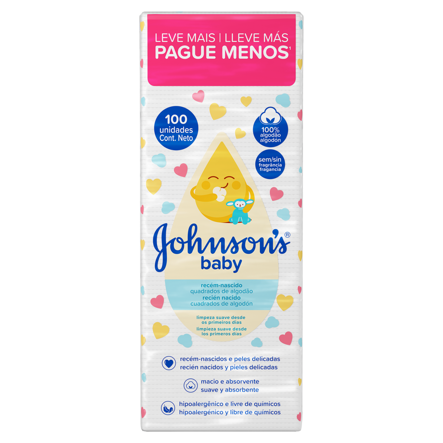 Algod&atilde;o Quadrado sem Perfume Johnson's Baby Pacote C/100 Unidades - Embalagem Leve Mais Pague Menos