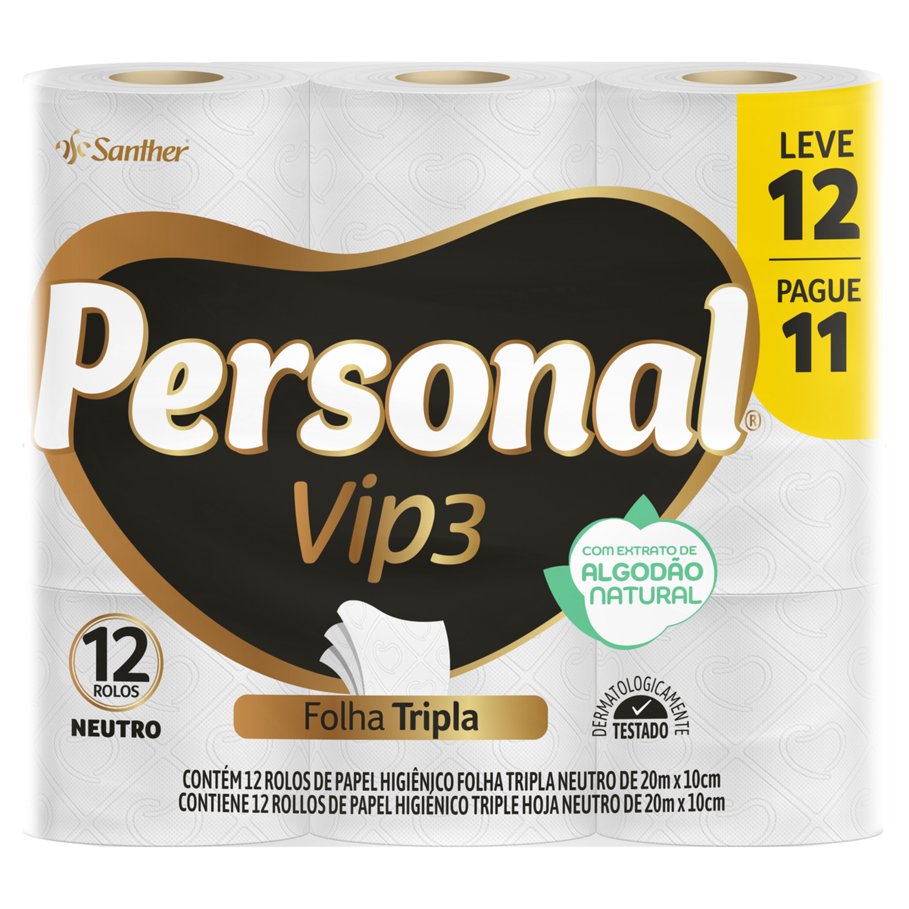 Papel Higiênico Folha Tripla Neutro Personal Vip3 20m Pacote C/12 Unidades - Embalagem Leve 12 Pague 11