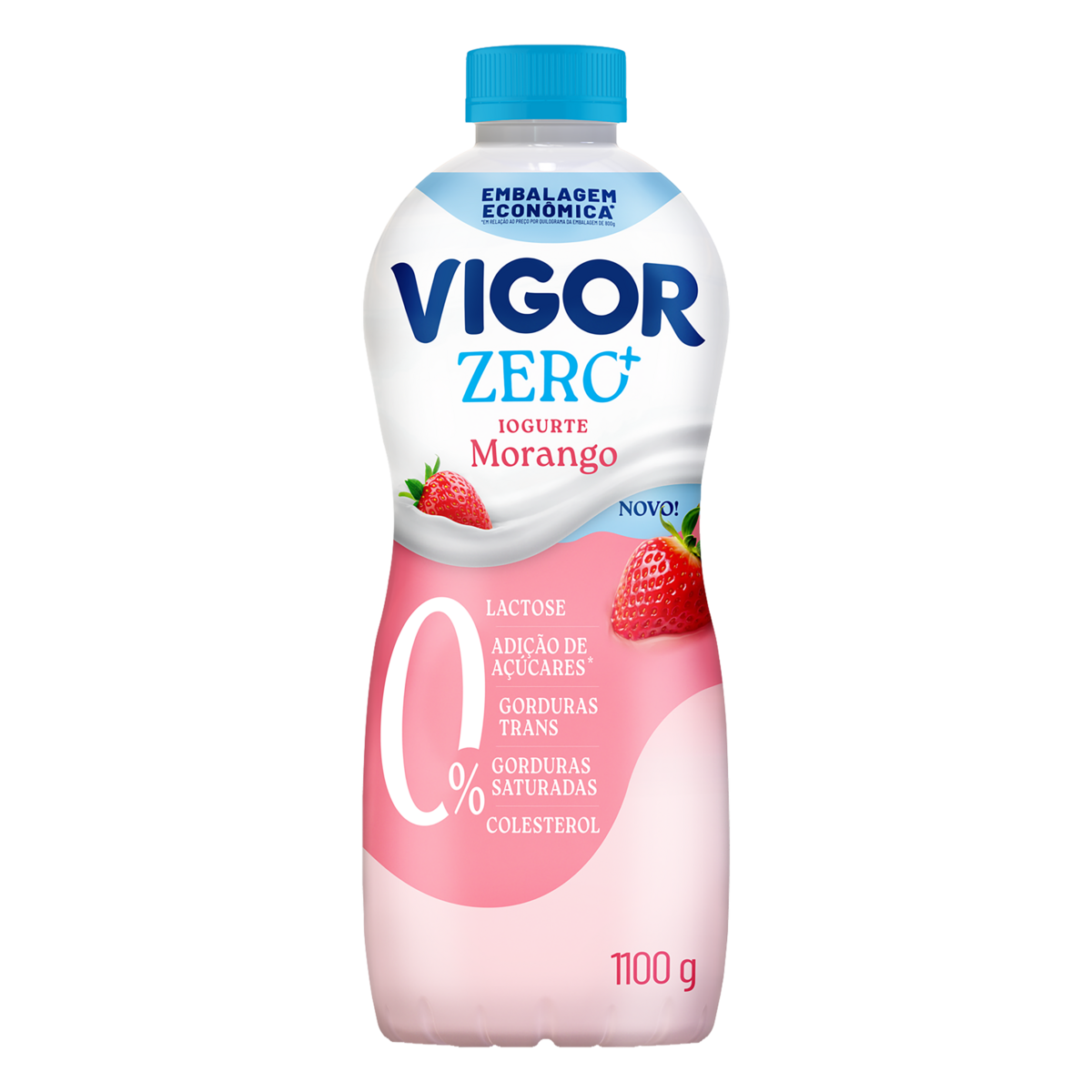 Iogurte Desnatado Morango Zero+ Vigor Garrafa 1100g - Embalagem Econ&ocirc;mica