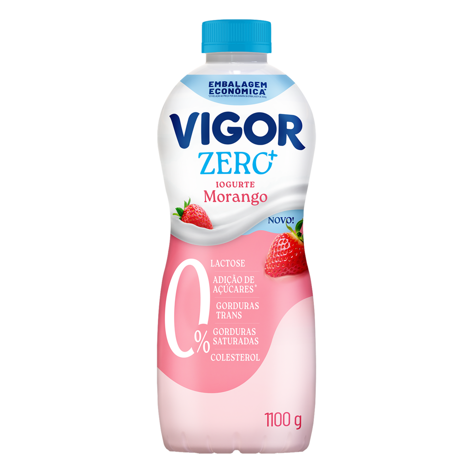 Iogurte Desnatado Morango Zero+ Vigor Garrafa 1100g - Embalagem Econ&ocirc;mica