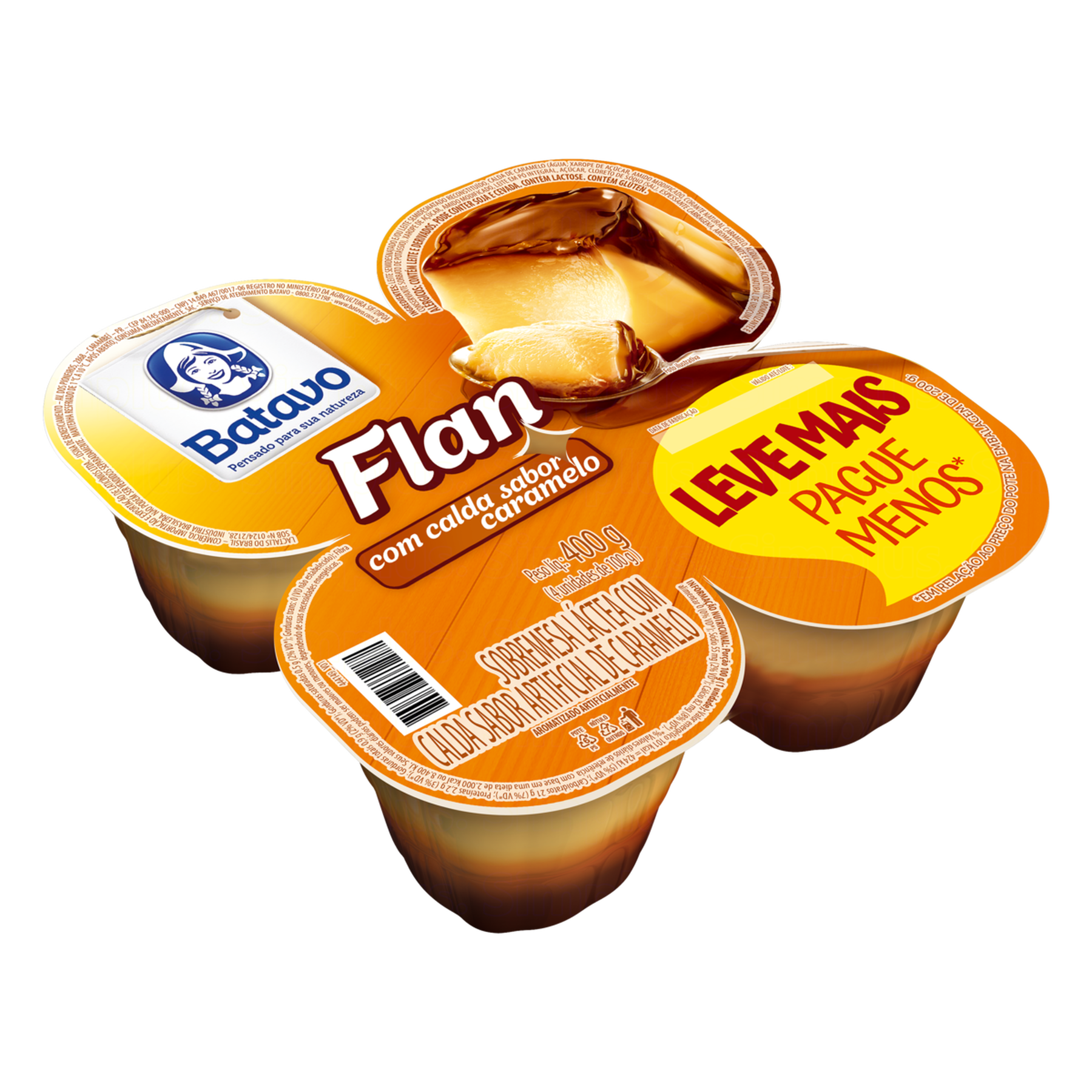 Sobremesa Láctea Flan com Calda Caramelo Batavo Bandeja 400g C/4 Unidades - Embalagem Leve Mais Pague Menos