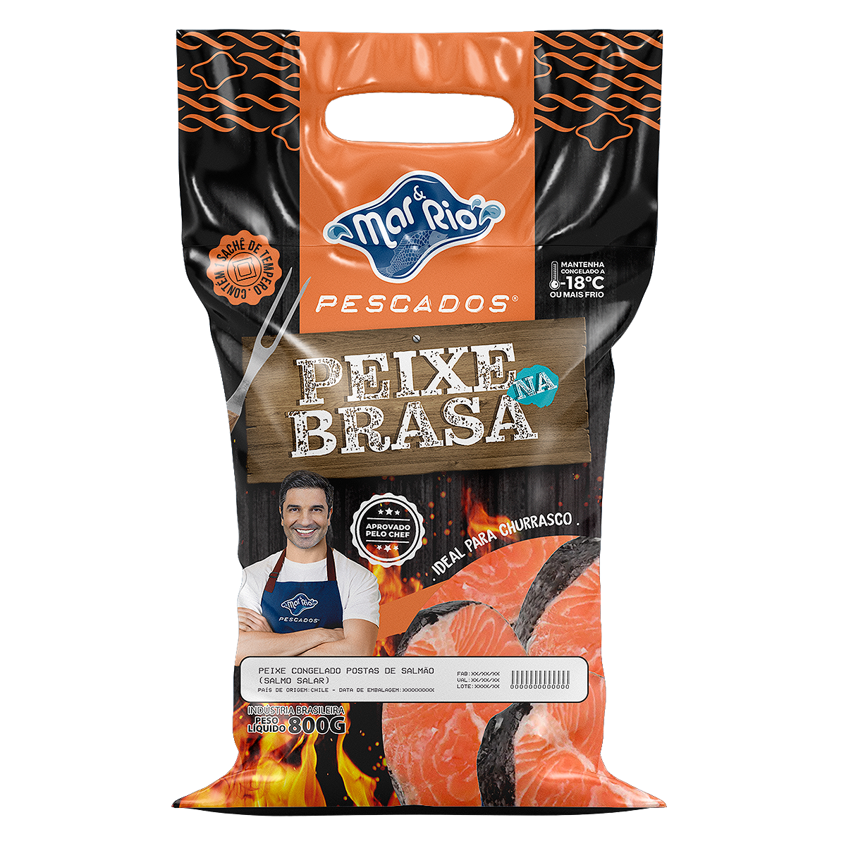 Postas de Salm&atilde;o Peixe na Brasa Mar&Rio Pescados Pacote 800g