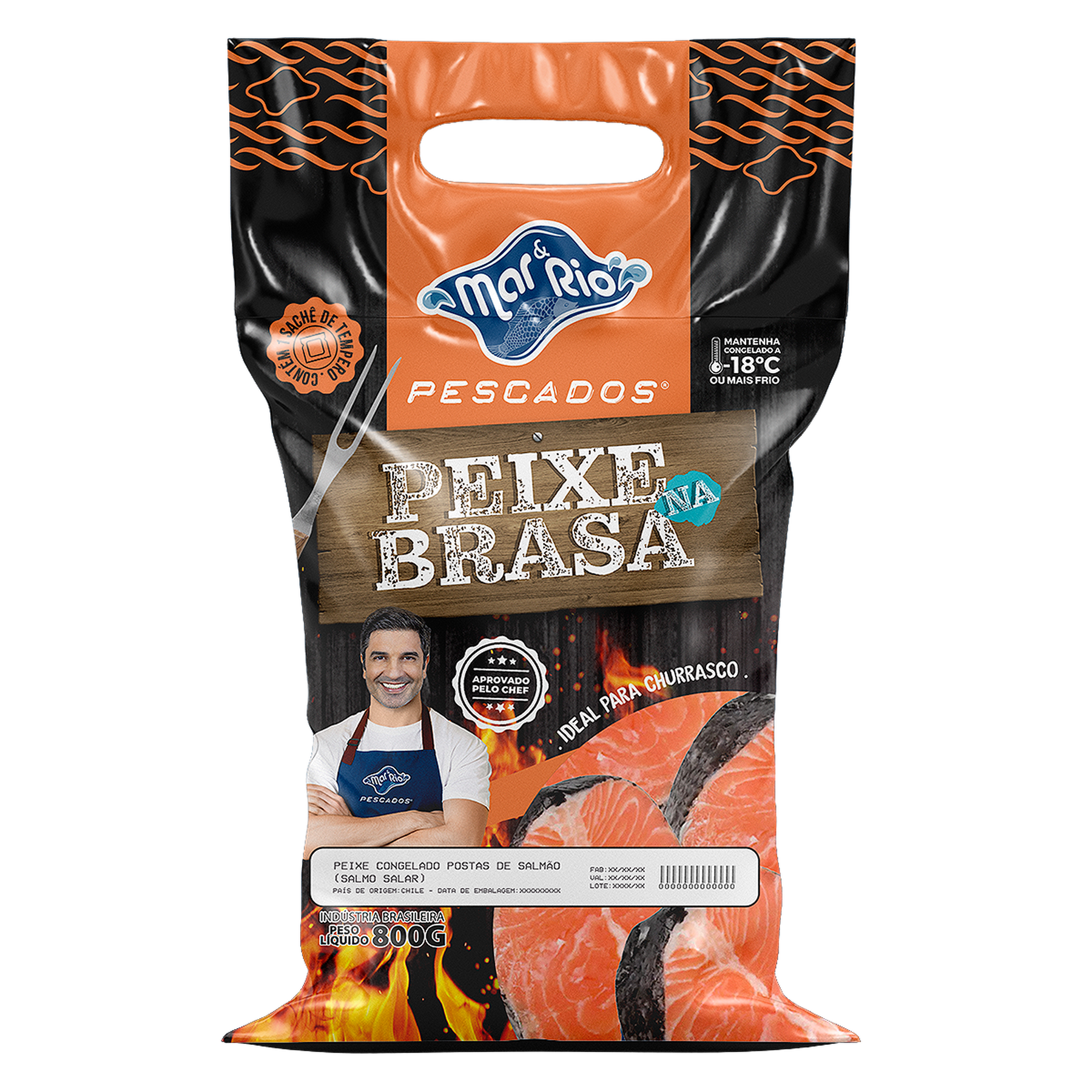 Postas de Salm&atilde;o Peixe na Brasa Mar&Rio Pescados Pacote 800g
