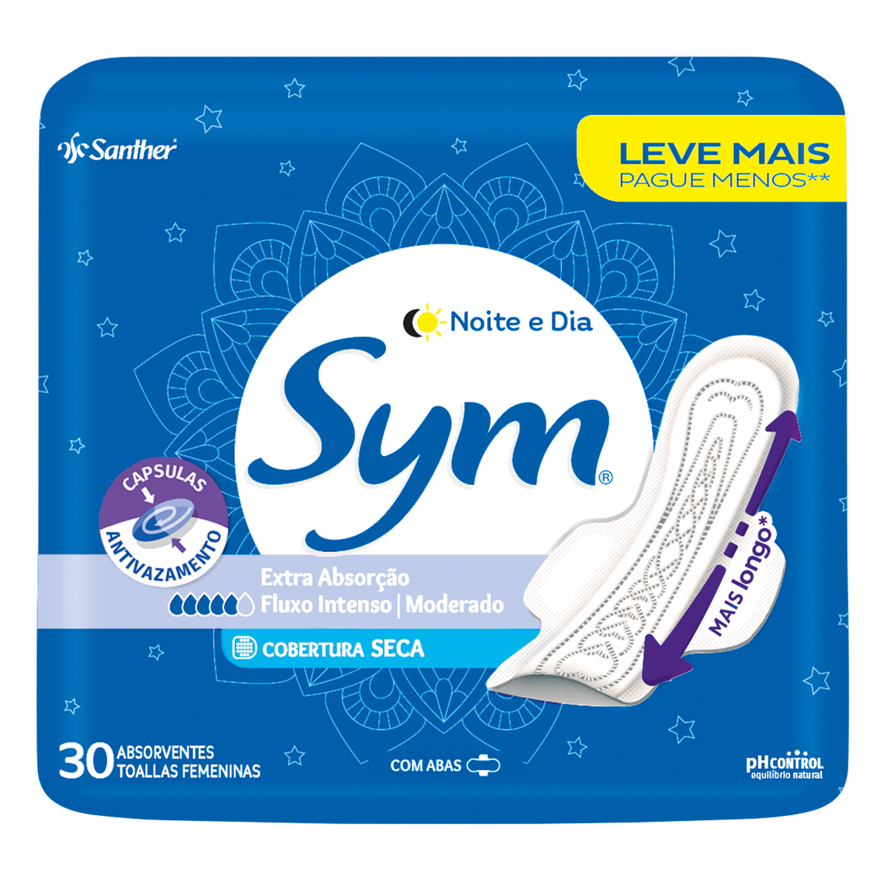 Absorvente com Abas Seca Noturno Sym Pacote 30 Unidades