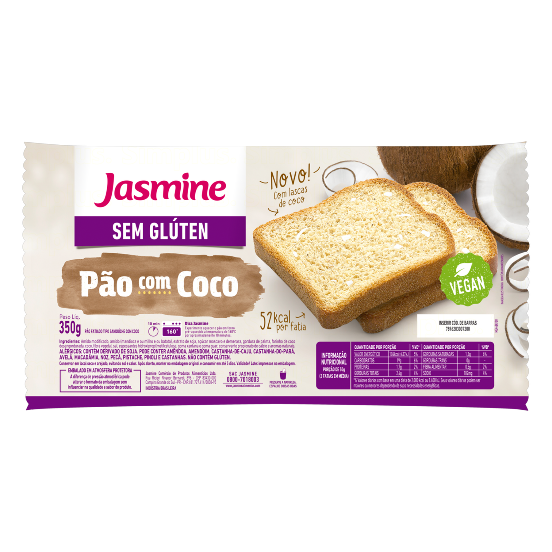 Pão Fatiado Com Coco Sem Glúten Jasmine Pacote 350g