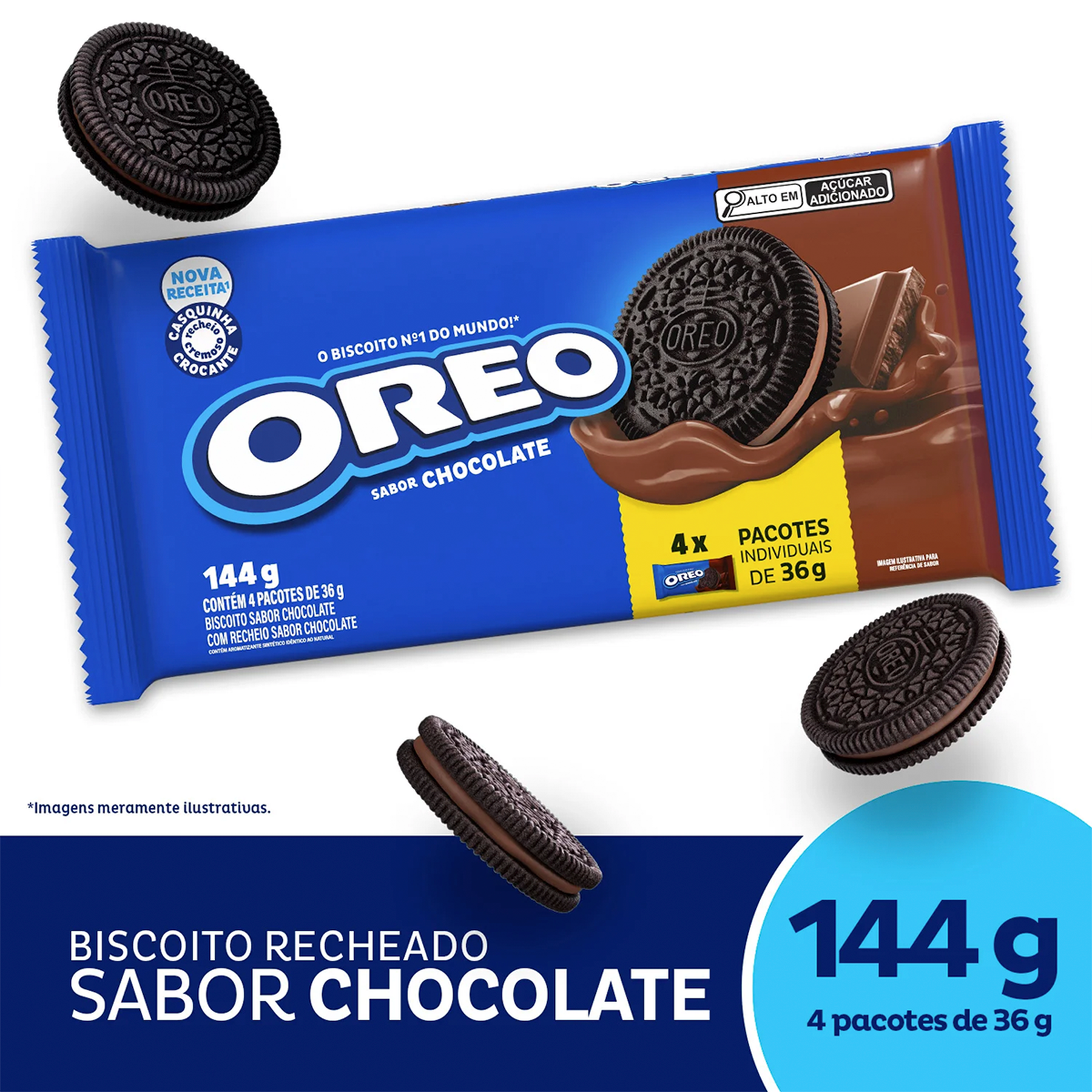 Pack Biscoito Chocolate Recheio Chocolate Oreo Pacote 144g 4 Unidades