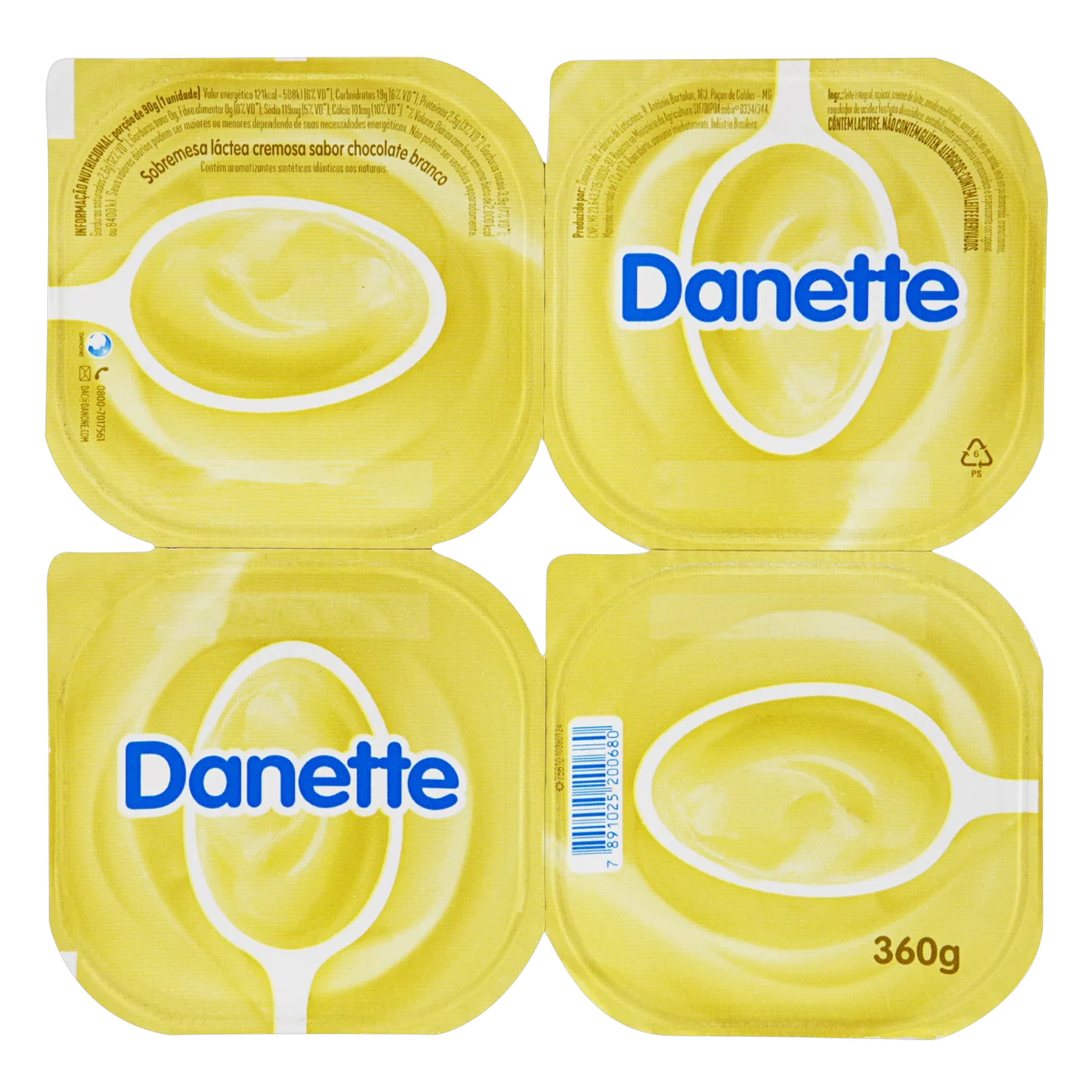 Sobremesa L&aacute;ctea Chocolate Branco Danette Bandeja 360g 4 Unidades&nbsp;