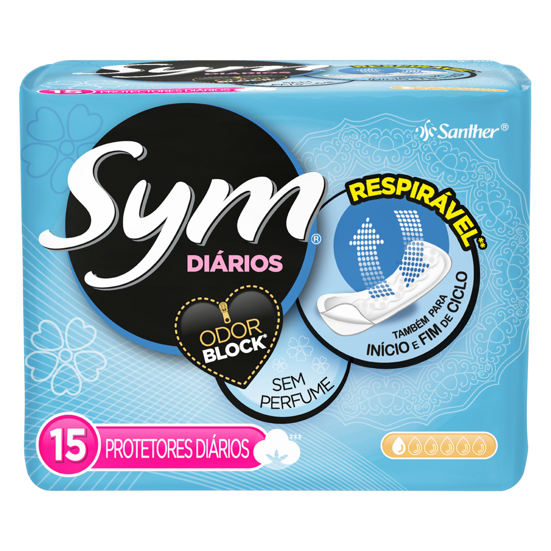 Protetor Di&aacute;rio Respir&aacute;vel Sem Perfume sem Abas Sym Pacote C/15 Unidades