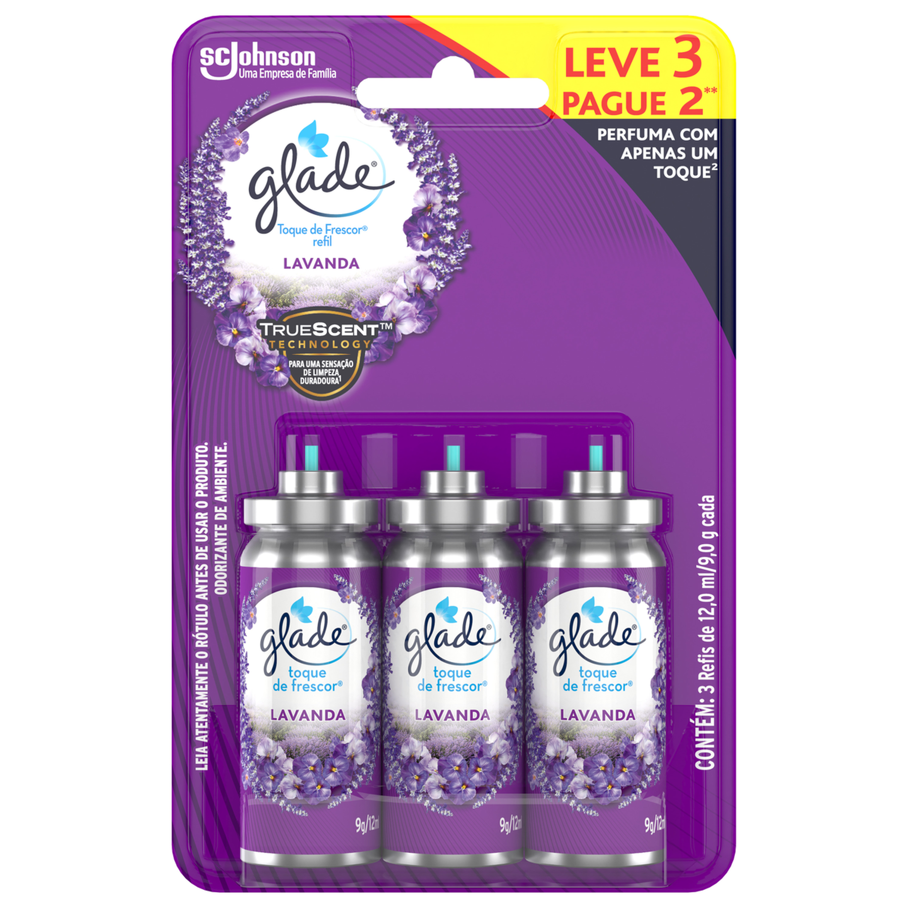 Odorizador de Ambiente Lavanda Toque de Frescor Glade Blister 12ml Cada Refil Leve 3 Pague 2 Unidades