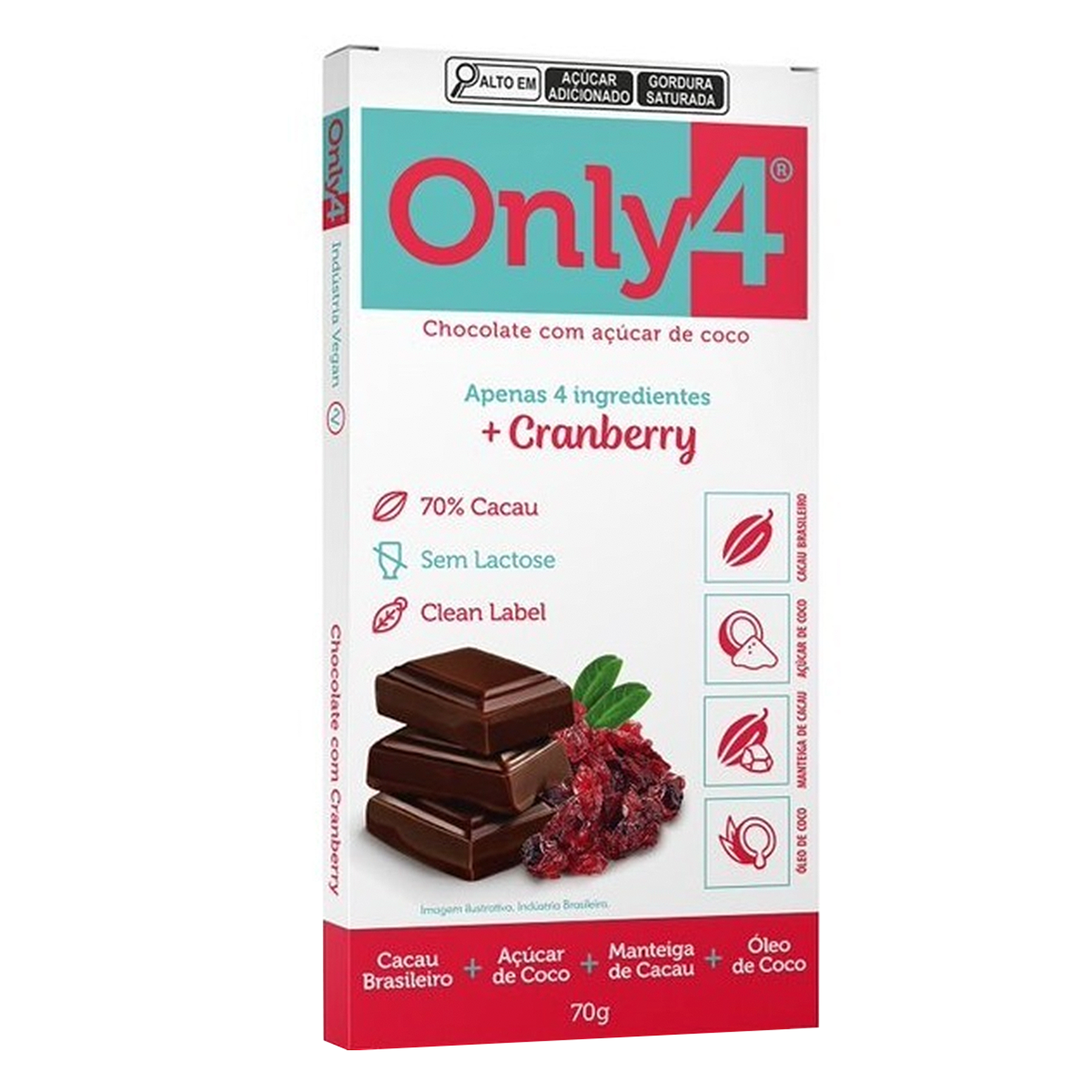 Chocolate 70% com Cranberry Sem Glúten Vegano Only4 70g
