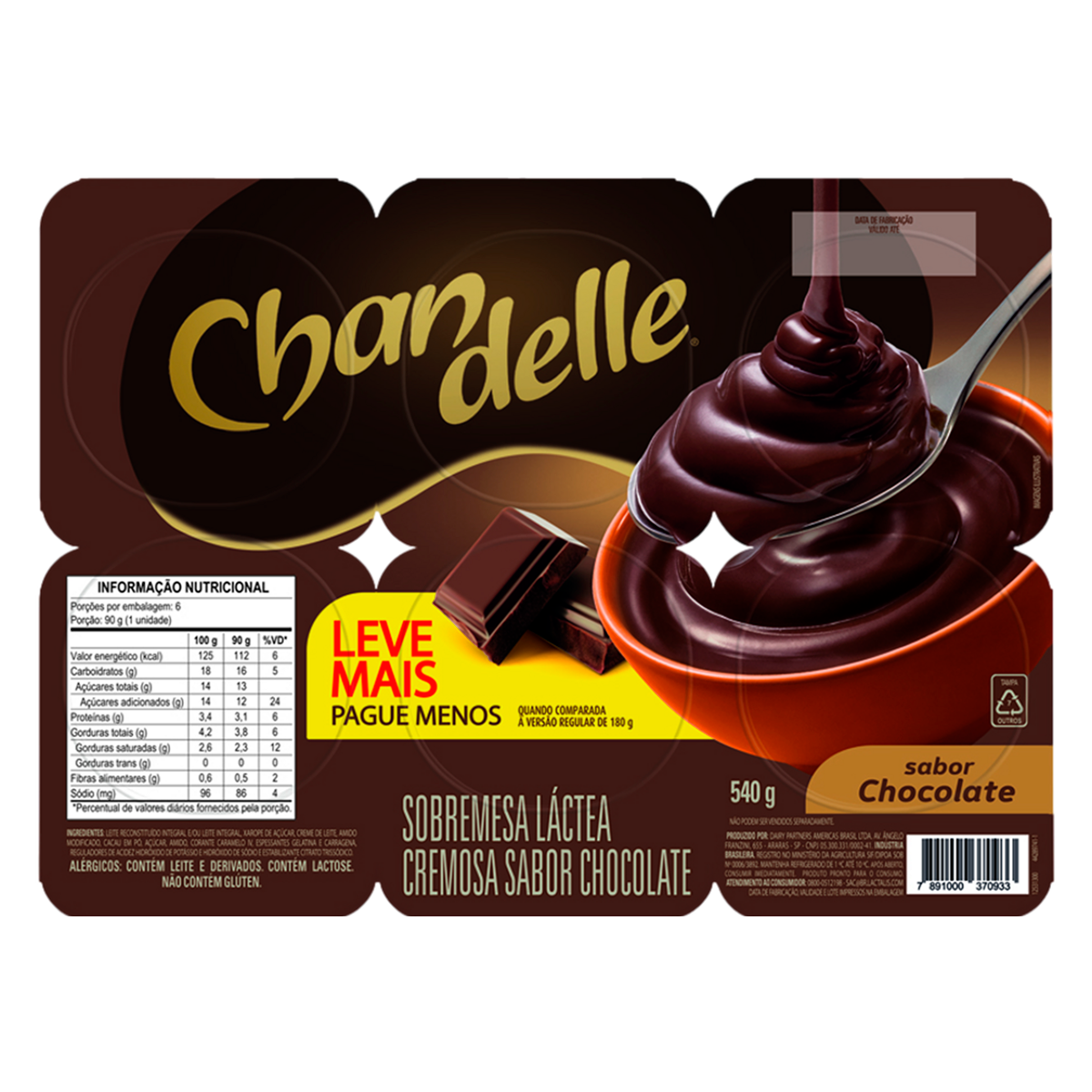 Sobremesa L&aacute;ctea Chocolate Chandelle Nestl&eacute; Bandeja 540g C/6 Unidades - Embalagem Leve Mais Pague Menos