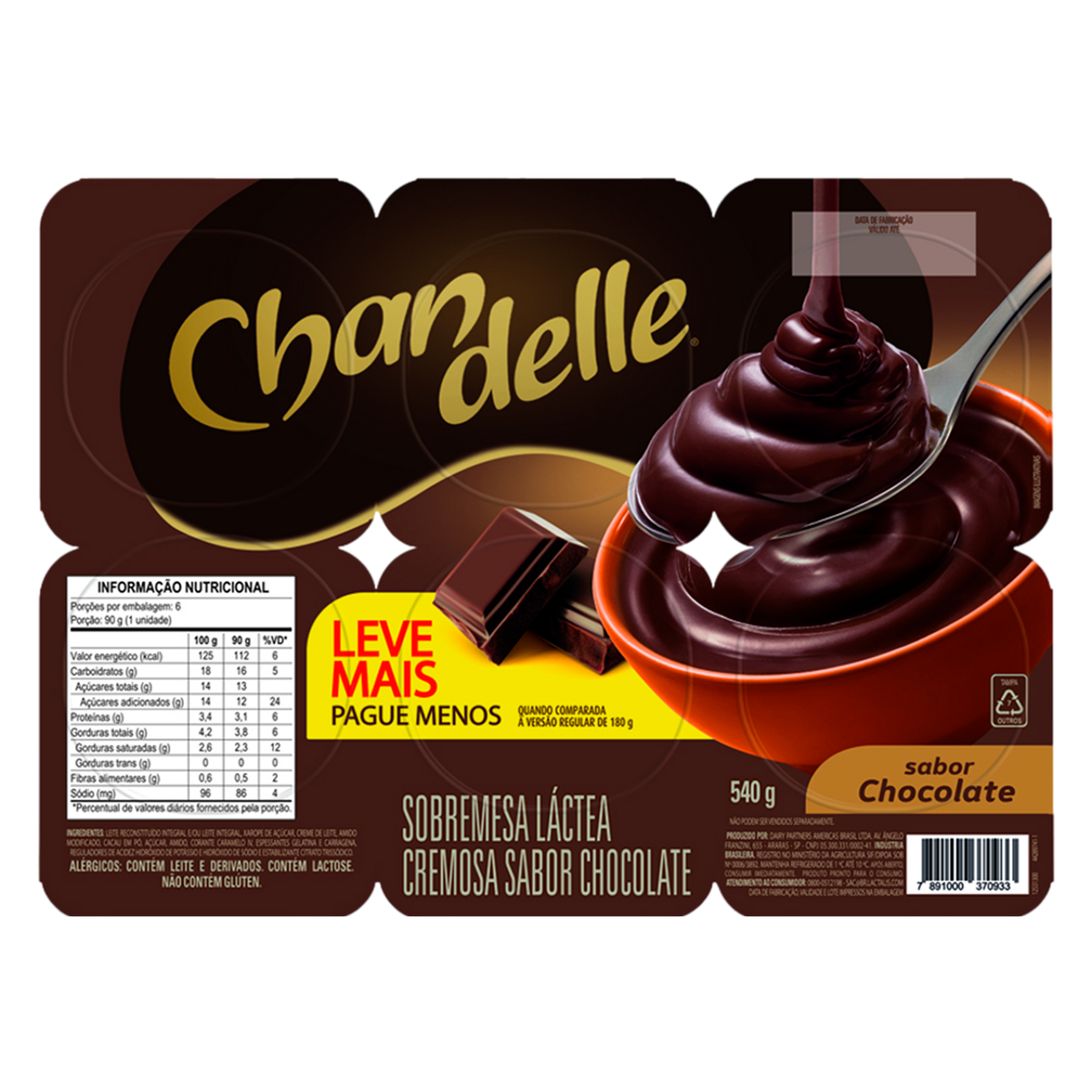 Sobremesa L&aacute;ctea Chocolate Chandelle Nestl&eacute; Bandeja 540g C/6 Unidades - Embalagem Leve Mais Pague Menos