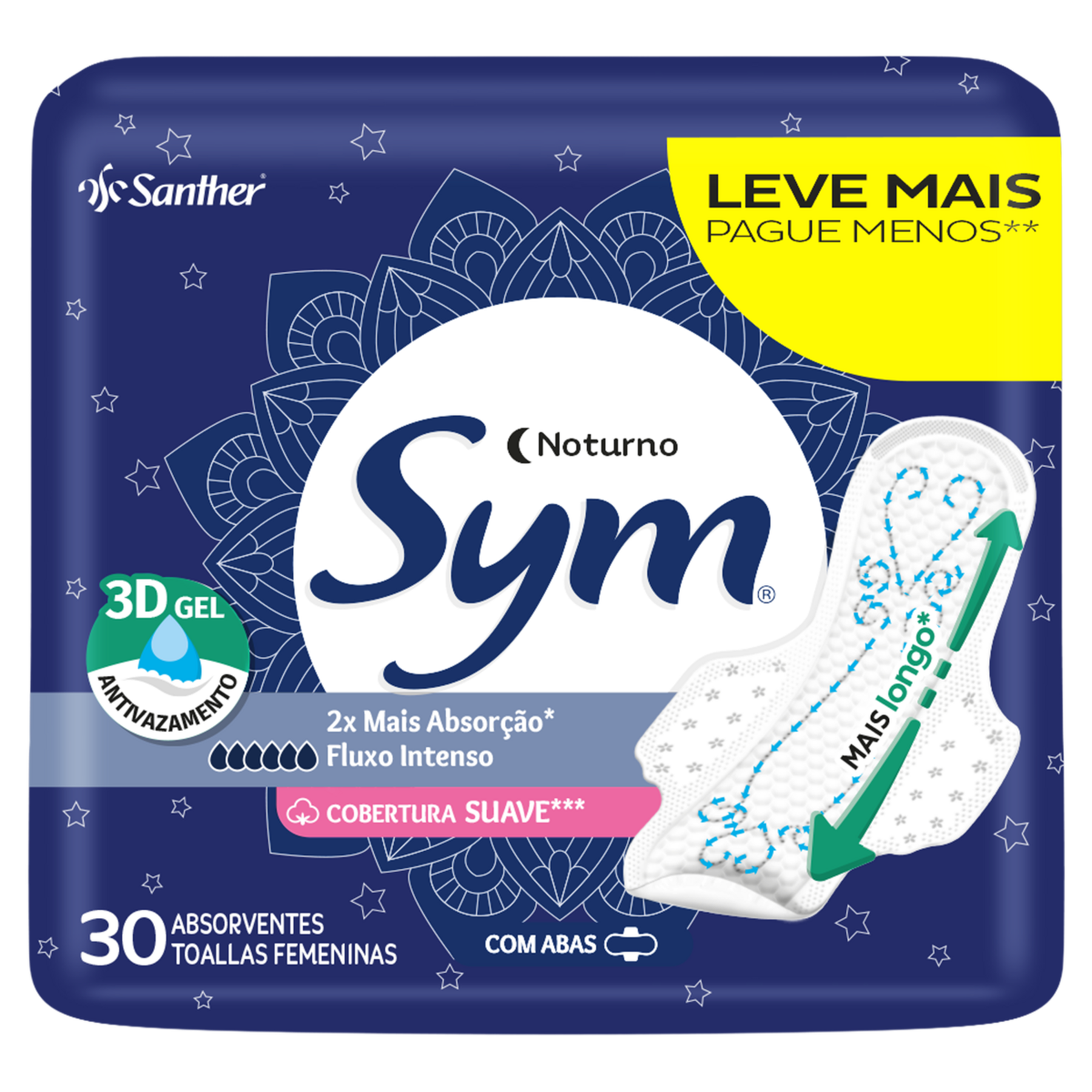 Absorvente com Abas Suave Noturno Sym Pacote 30 Unidades Leve Mais Pague Menos