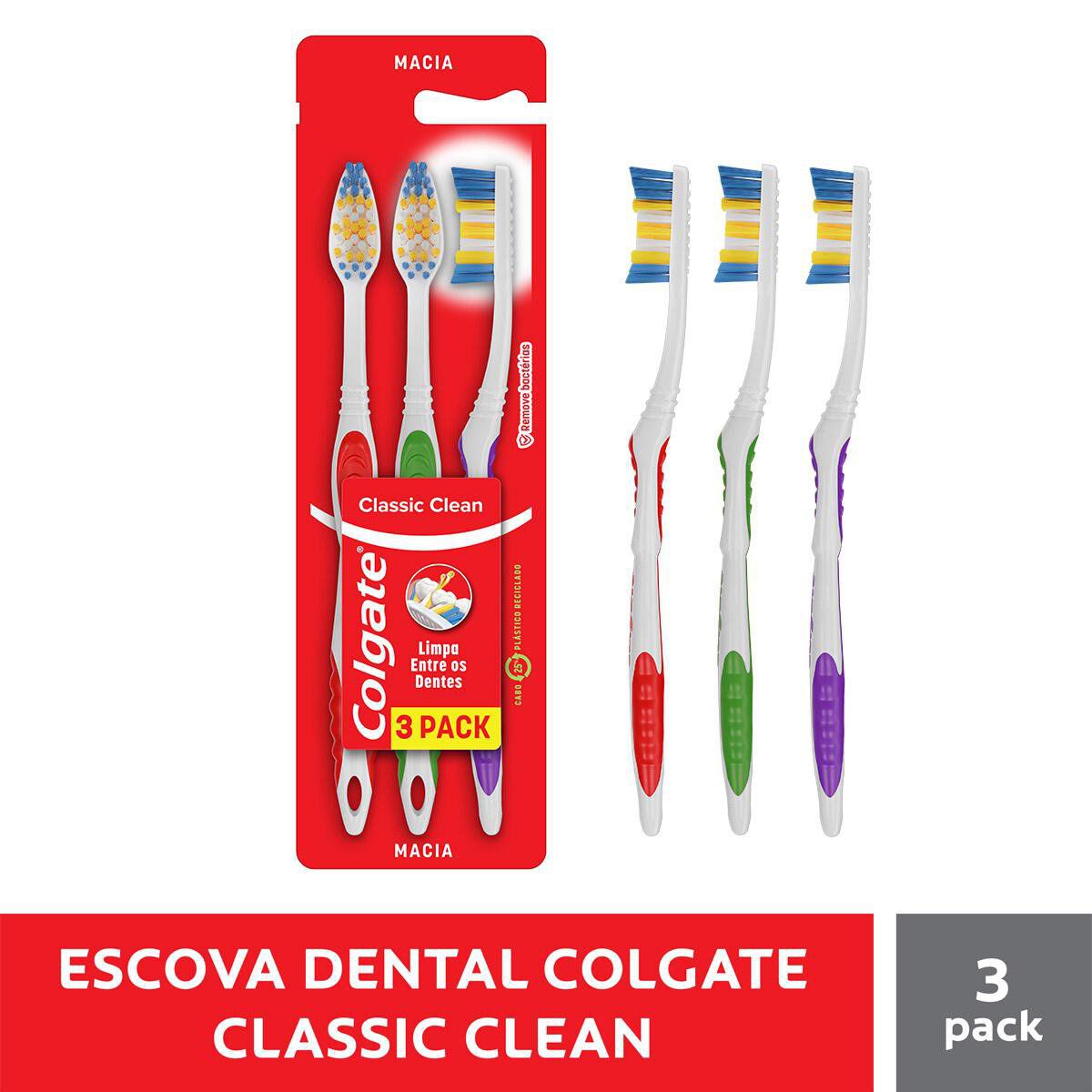 Escova Dental Macia Classic Clean Colgate C/3 Unidades&nbsp;