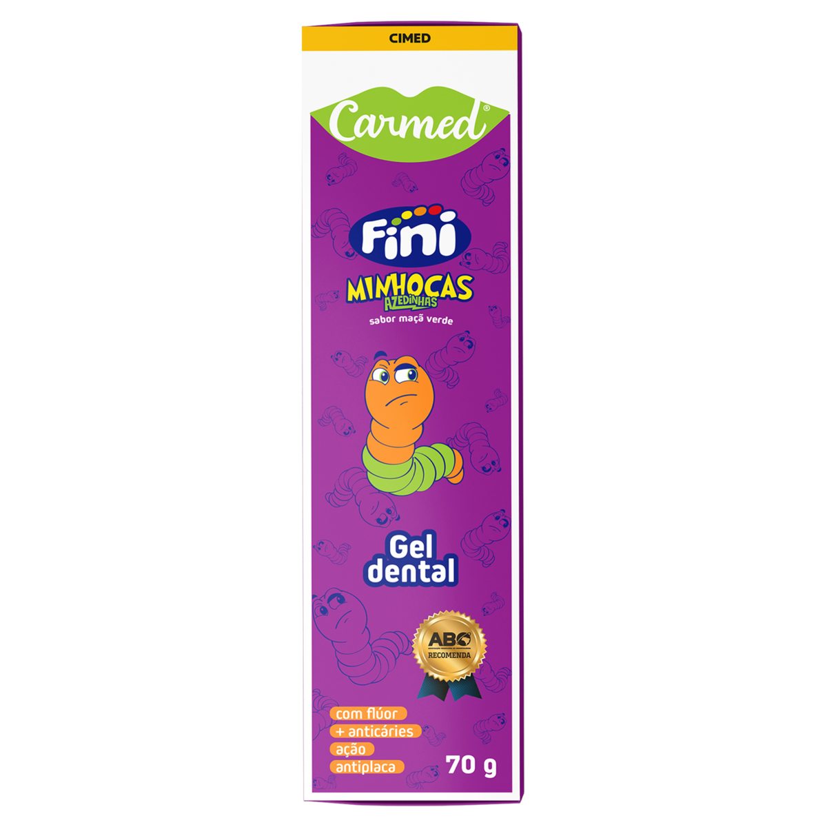 Gel Dental Infantil com Fl&uacute;or Fini Minhocas Azedinhas Ma&ccedil;&atilde; Verde Carmed Caixa 70g