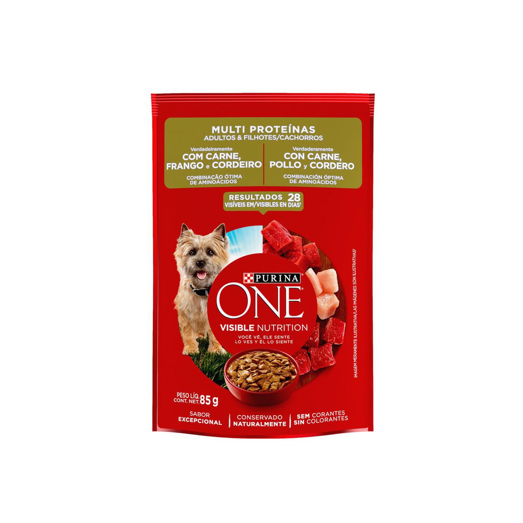 Alimento para C&atilde;es Adultos e Filhotes Carne, Frango e Cordeiro Purina One Multi Prote&iacute;nas Sach&ecirc; 85g