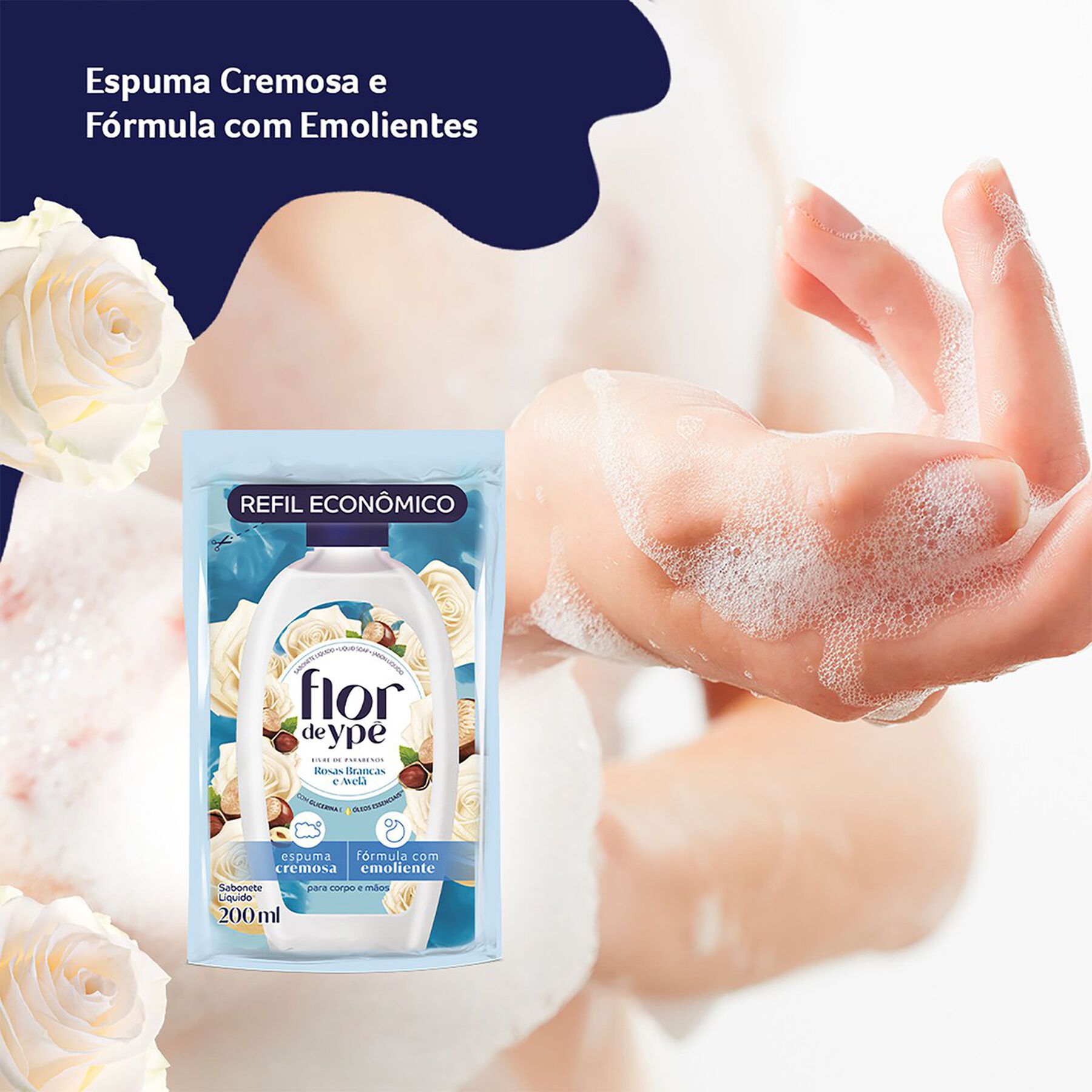 Sabonete Líquido Rosas Brancas e Avelã Flor de Ypê Sachê 200ml - Embalagem Refil Econômico