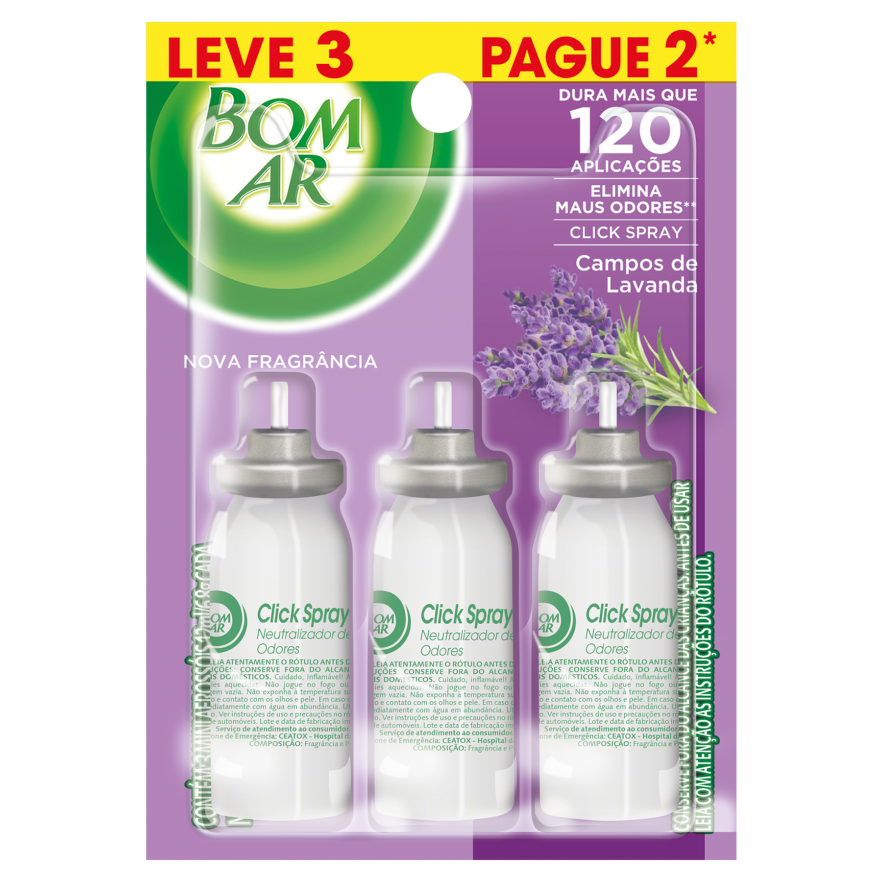 Neutralizador de Odores Campos de Lavanda Click Spray Bom Ar Blister 12ml Cada Refil Leve 3 Pague 2 Unidades
