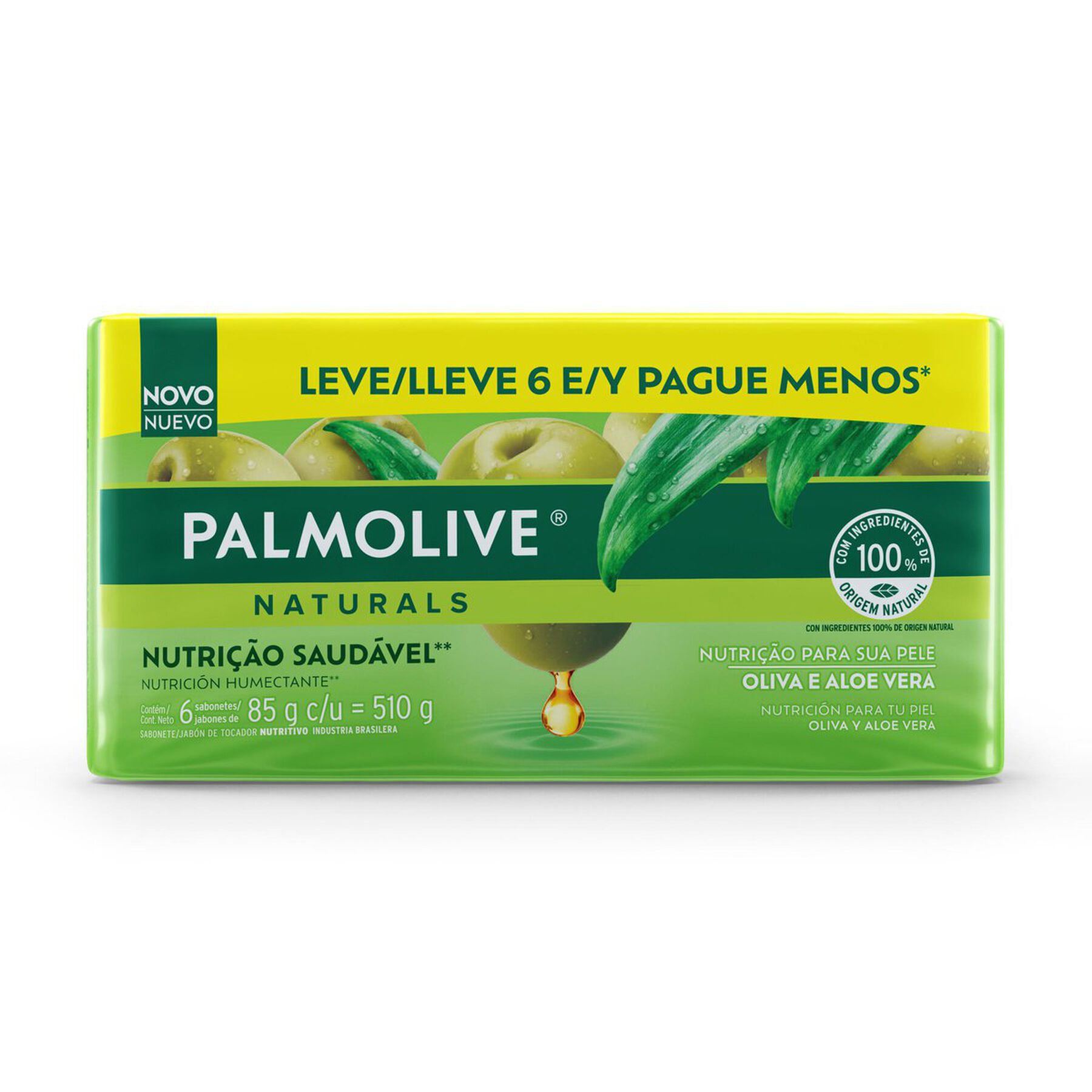 Sabonete em Barra Nutri&ccedil;&atilde;o Saud&aacute;vel Oliva e Aloe Vera Palmolive Naturals Envolt&oacute;rio 510g C/6 Unidades - Embalagem Leve Mais Pague Menos