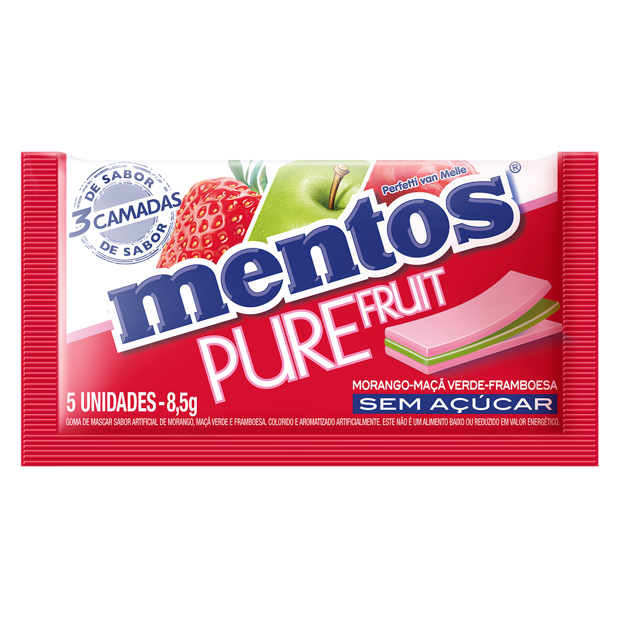 Goma de Mascar Morango, Ma&ccedil;&atilde; Verde e Framboesa Mentos Pure Fruit 8,5g