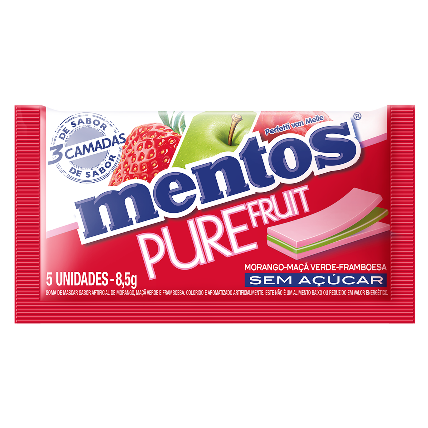 Goma de Mascar Morango, Maçã Verde e Framboesa Mentos Pure Fruit 8,5g