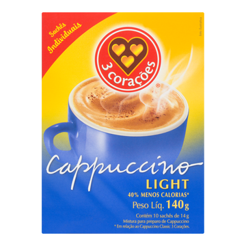 Cappuccino Solúvel Light 3 Corações Caixa 140g 10 Unidades