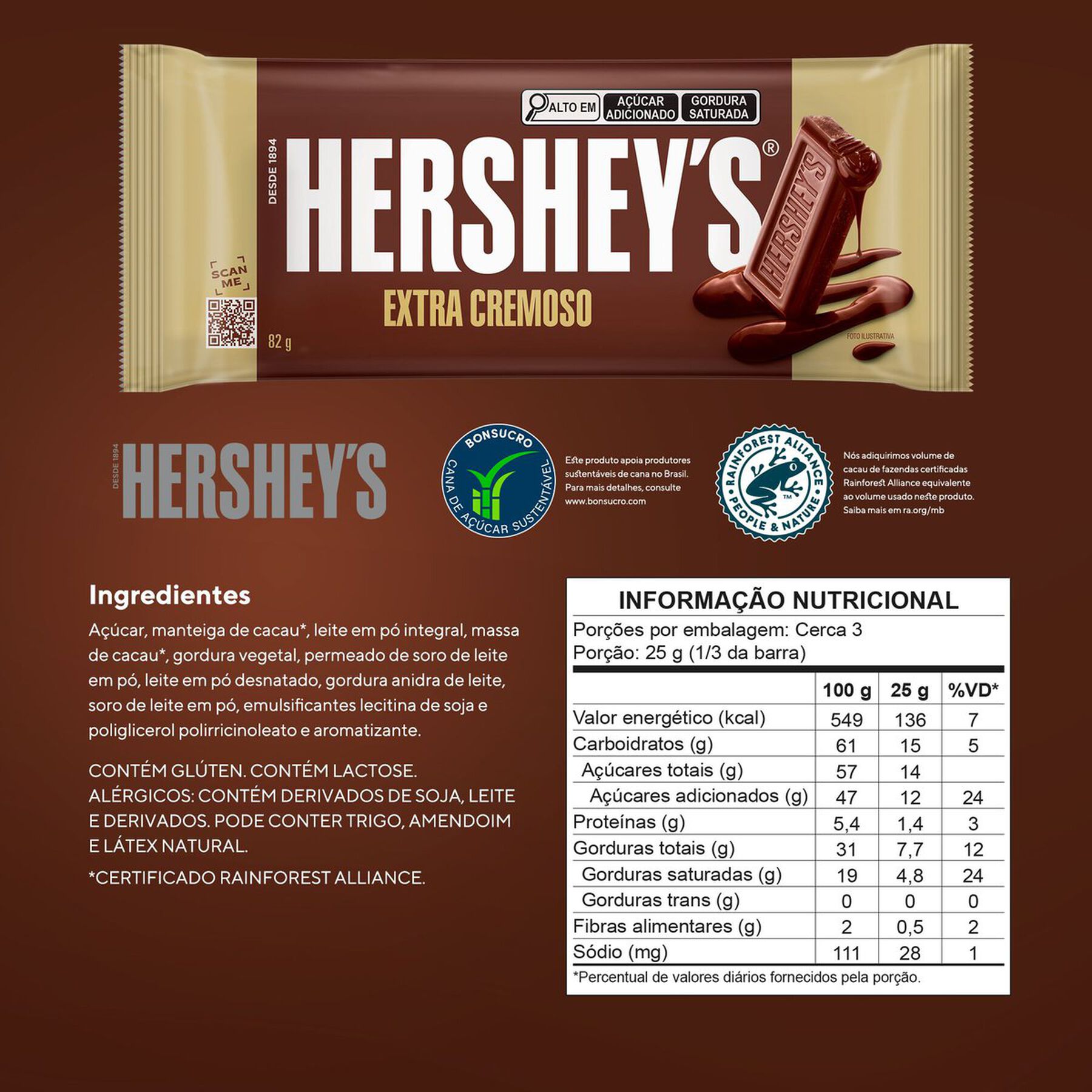 Barra de Chocolate ao Leite Extra Cremoso Hershey's Pacote 82g