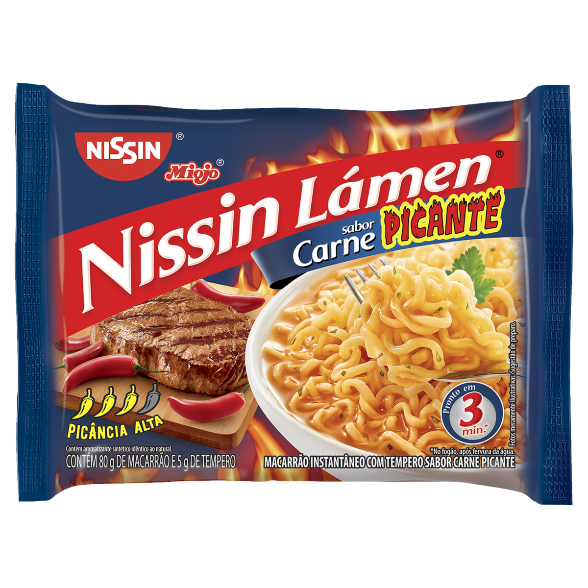 Macarr&atilde;o Instant&acirc;neo L&aacute;men Carne Picante Nissin Miojo Pacote 85g