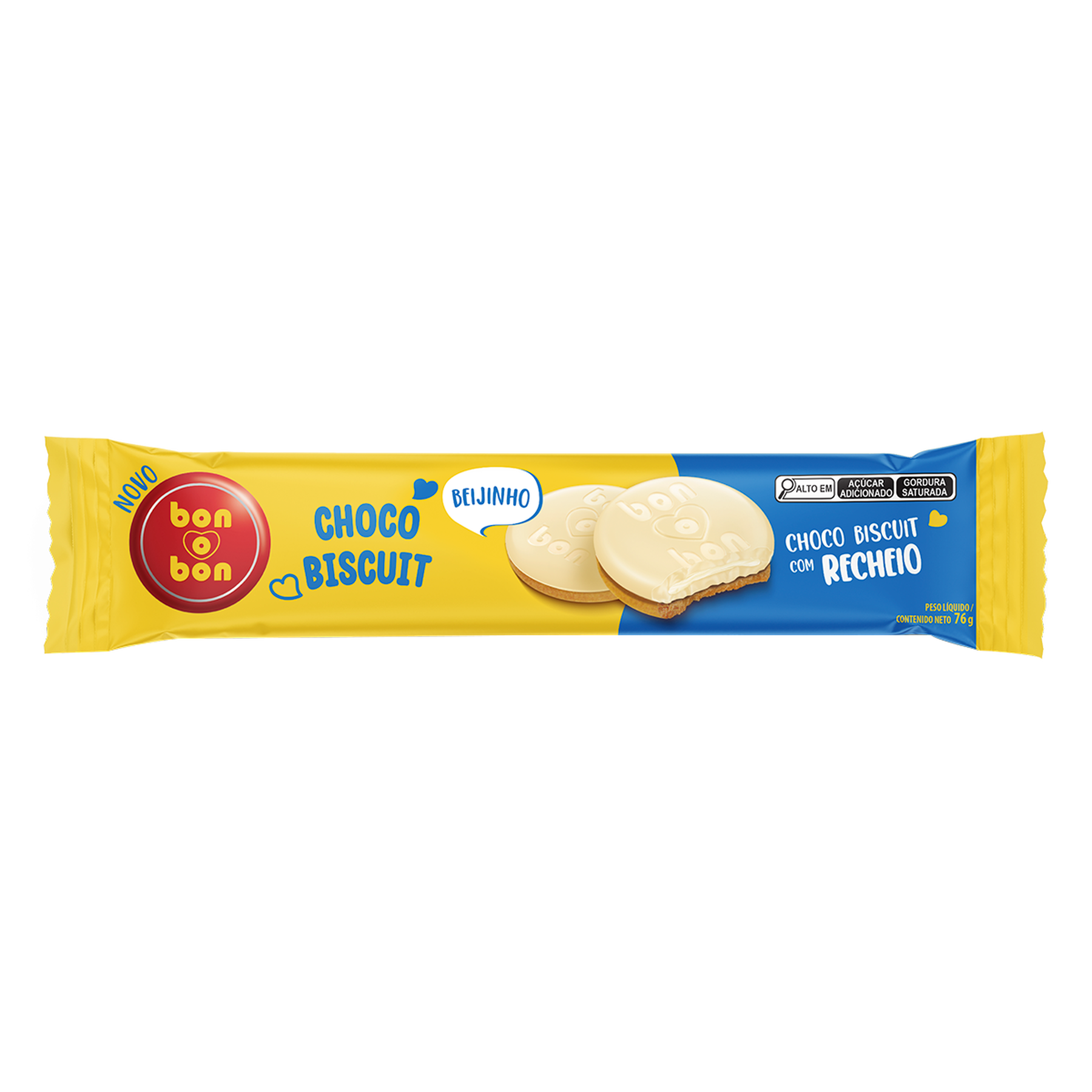 Biscoito Choco Biscuit Recheio Beijinho Cobertura Chocolate Branco Bon o Bon Pacote 76g