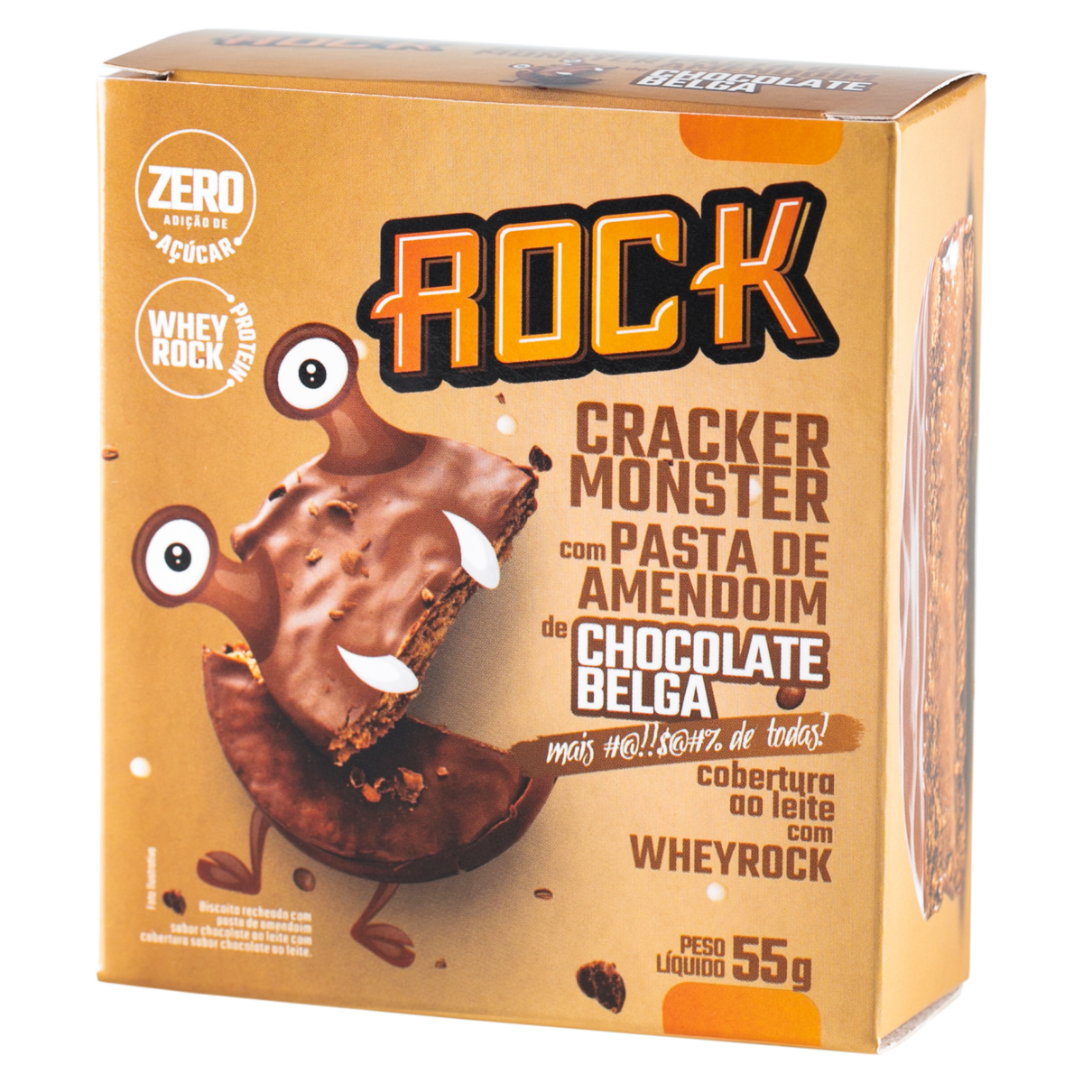 Biscoito Cracker Monster com Pasta de Amendoim de Chocolate Belga Whey Rock Caixa 55g
