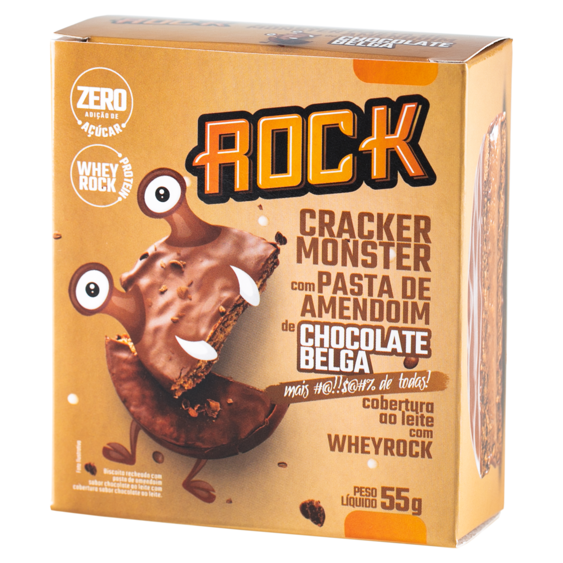 Biscoito Cracker Monster com Pasta de Amendoim de Chocolate Belga Whey Rock Caixa 55g