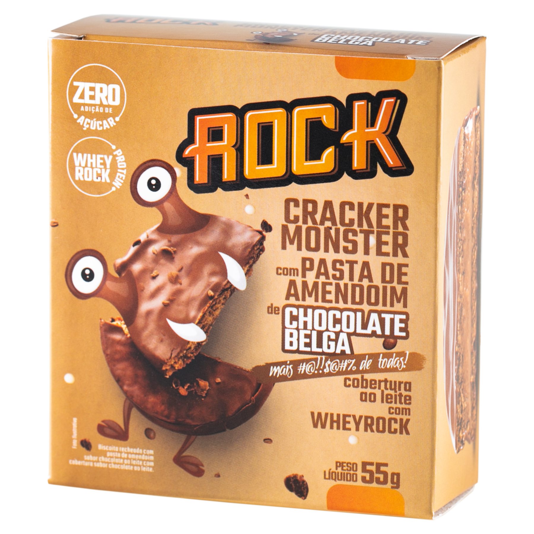 Biscoito Cracker Monster com Pasta de Amendoim de Chocolate Belga Whey Rock Caixa 55g