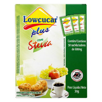 Adoçante em Pó Stevia Lowçucar Plus Caixa 30g 50 Unidades