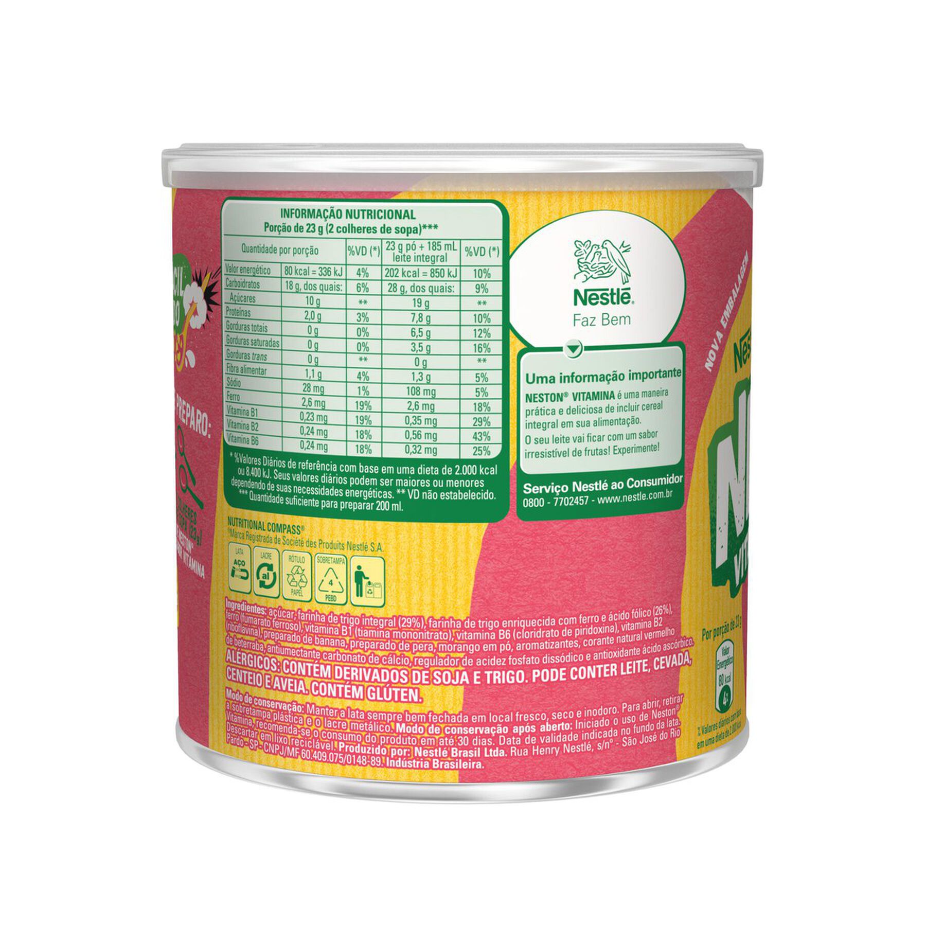 Pó para Preparo de Bebida Vitamina de Pera, Morango e Banana Nestlé Neston Lata 400g