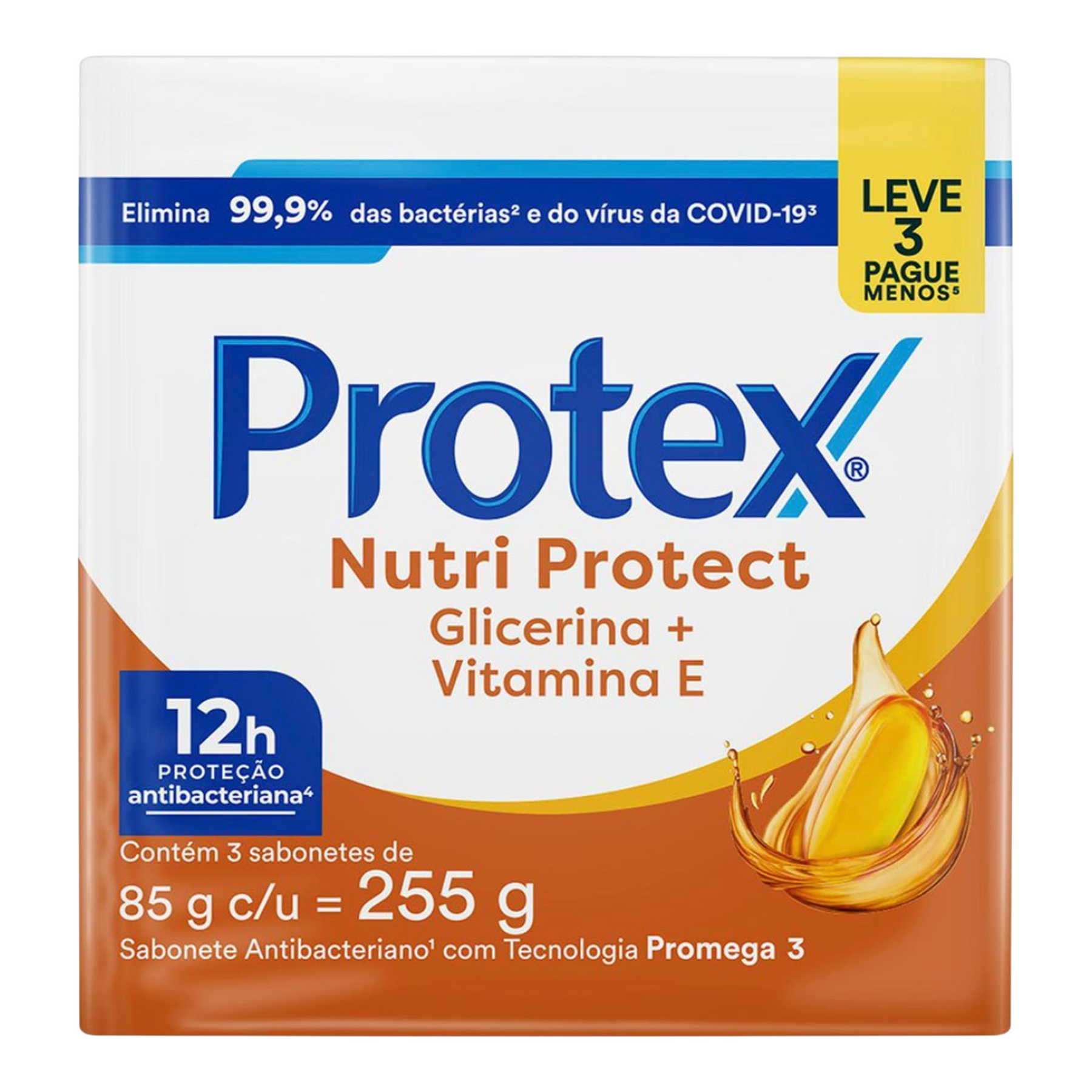 Pack Sabonete Barra Antibacteriano Vitamina E Protex Nutri Protect Envolt&oacute;rio 255g 3 Unidades 85g Cada