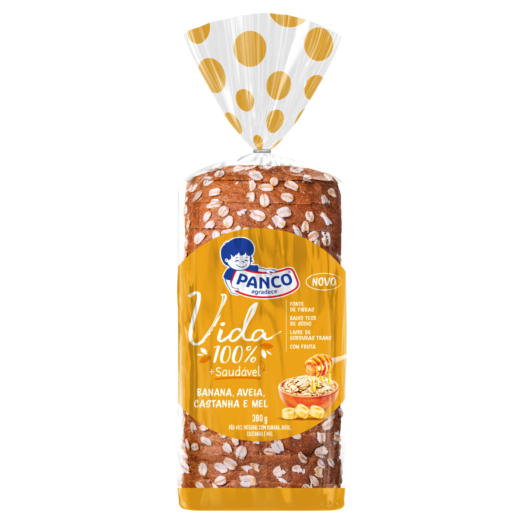 P&atilde;o Integral com Banana, Aveia, Castanha e Mel Panco Vida Pacote 380g