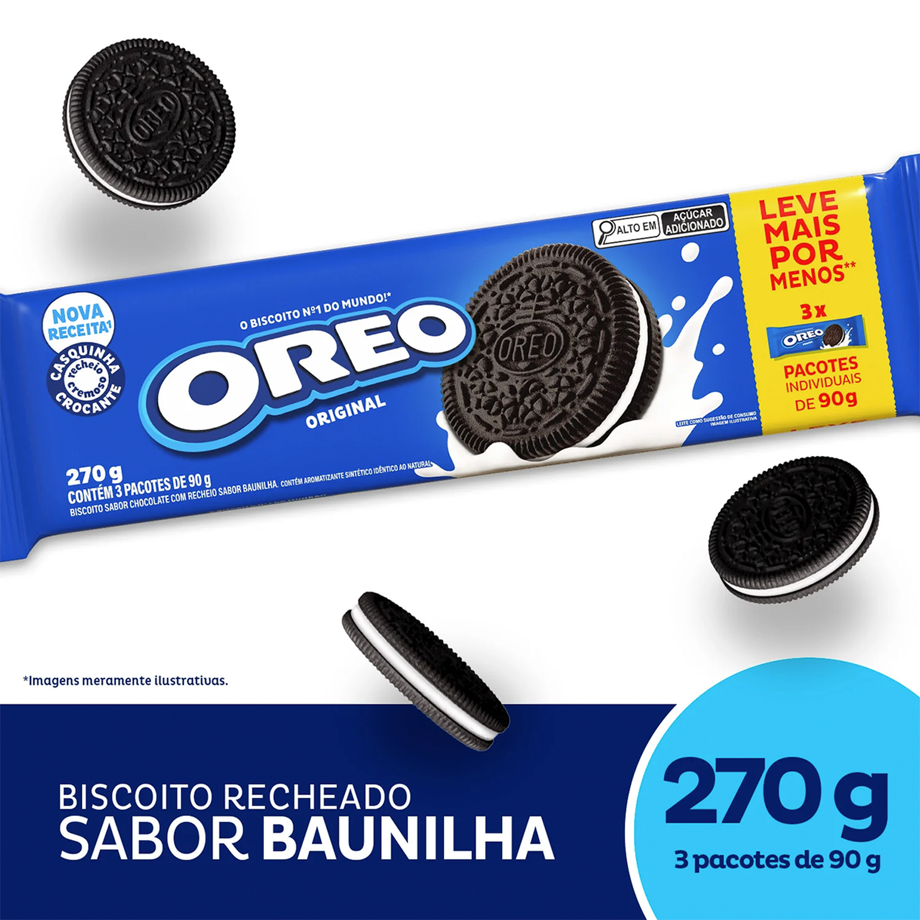 Pack Biscoito Chocolate Recheio Baunilha Oreo Pacote 270g 3 Unidades