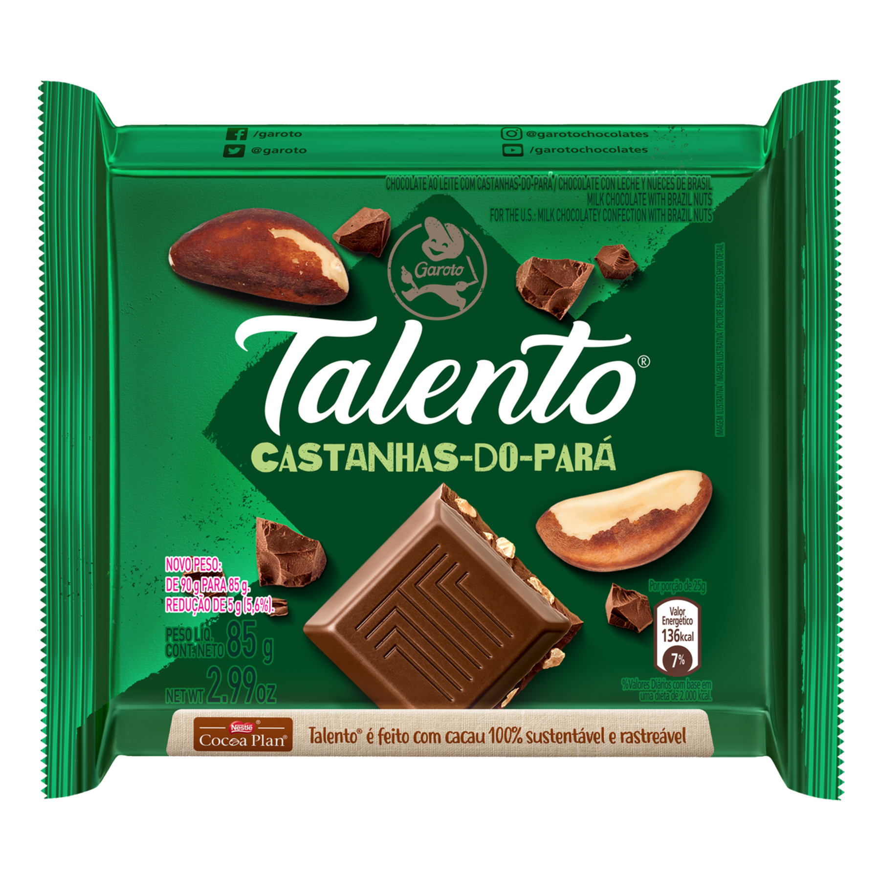 Chocolate ao Leite com Castanhas-do-Pará Garoto Talento Pacote 85g