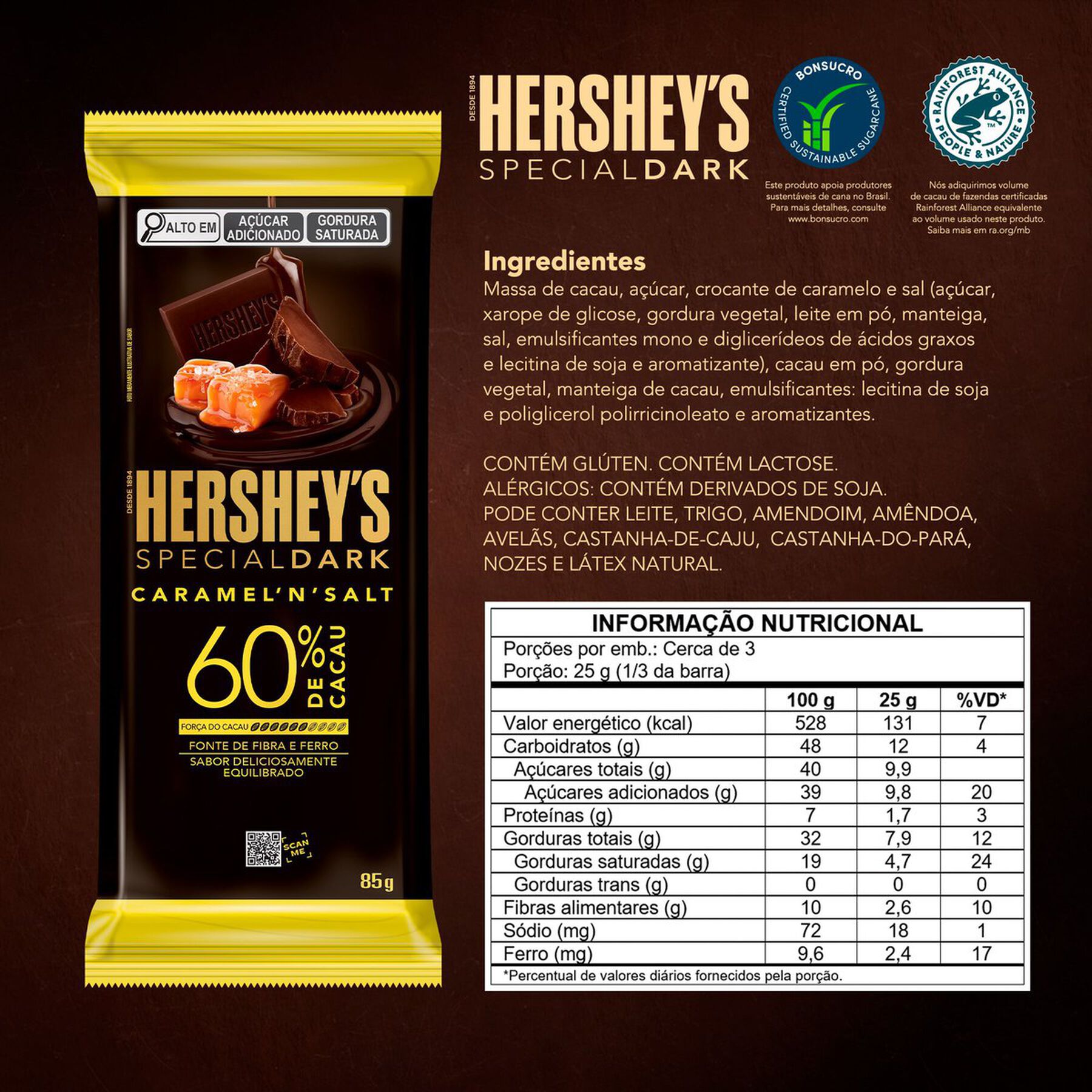 Chocolate Amargo 60% Cacau Caramel n Salt Hersheys Special Dark Pacote 85g
