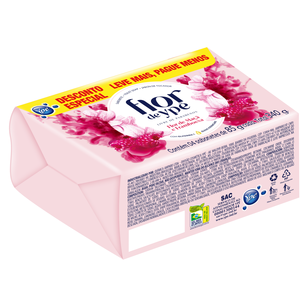 Sabonete em Barra Flor de Ma&ccedil;&atilde; e Framboesa Flor de Yp&ecirc; Envolt&oacute;rio 340g C/4 Unidades - Embalagem Leve Mais Pague Menos