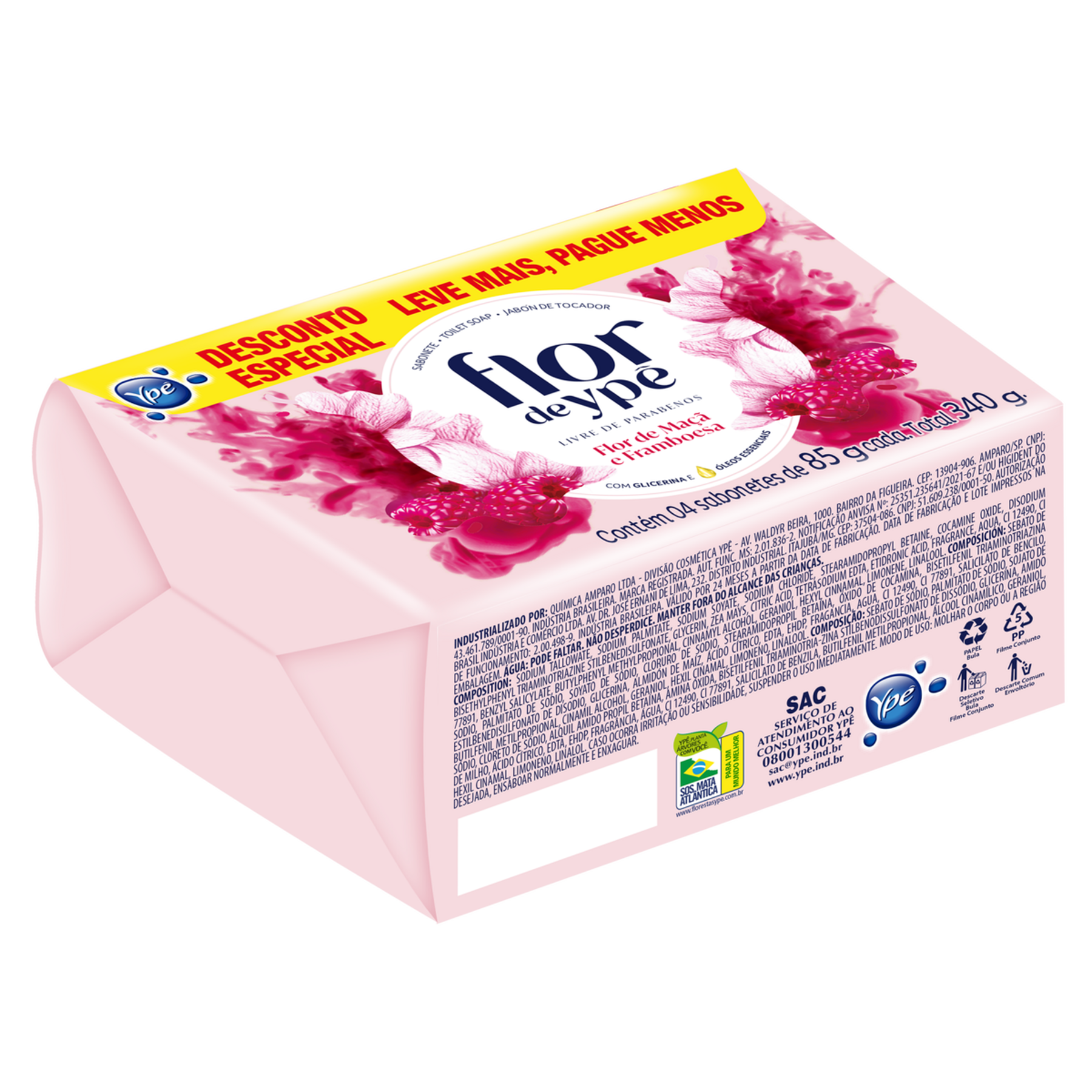 Sabonete em Barra Flor de Ma&ccedil;&atilde; e Framboesa Flor de Yp&ecirc; Envolt&oacute;rio 340g C/4 Unidades - Embalagem Leve Mais Pague Menos