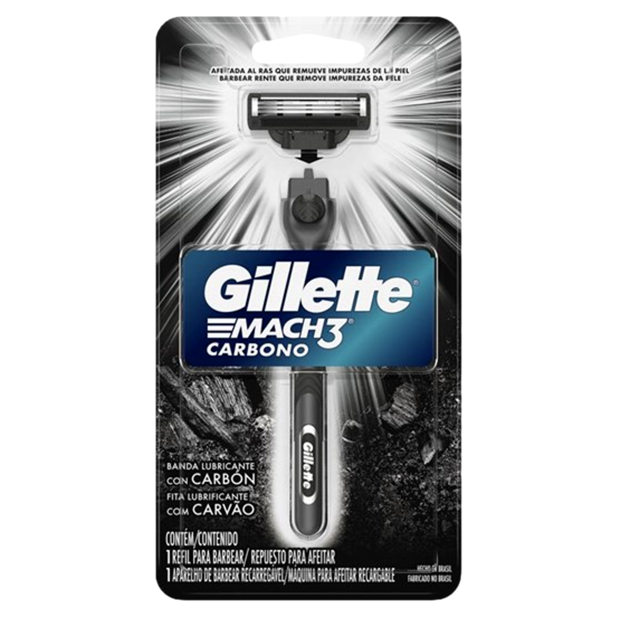 Aparelho Recarreg&aacute;vel e Carga para Barbear Mach3 Carbono Gillette